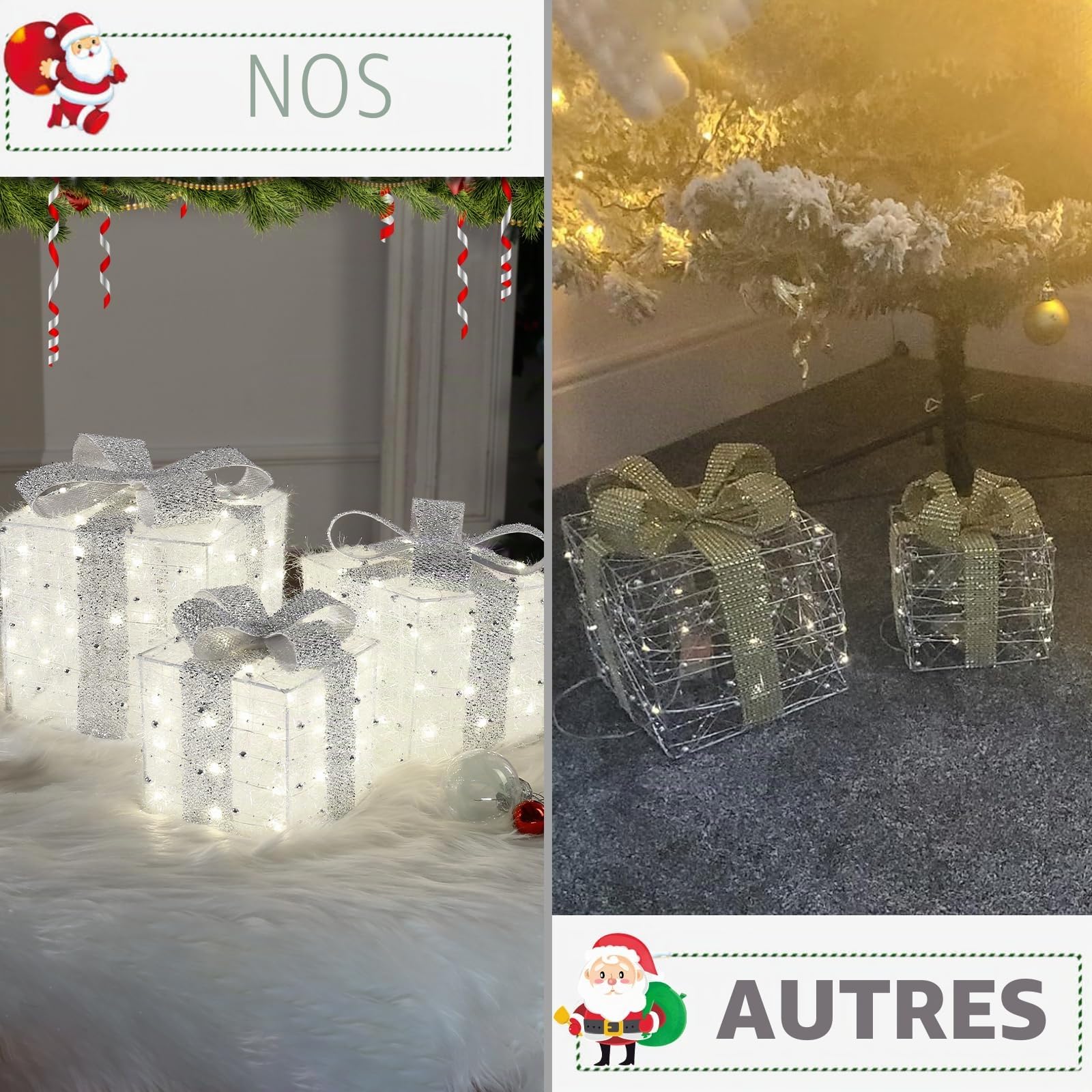 Boîtes Cadeaux Lumineuses de Noël avec 140 LED, Lot de 3 Boîtes de Noël avec 8 Modes Impermeable Con Memoria,Boîte Cadeau de Ruban de Tissu en Peluche avec Plug(Blanc Chaud)