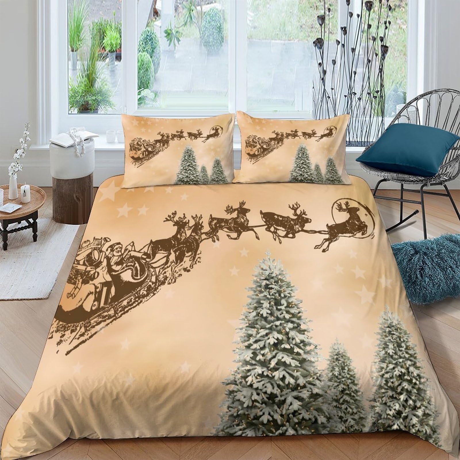 Ctjqhvkz Style-4 3D Printed Santa Sleigh Fitted Sheet Microfiber Soft Christmas Forest Bed Cover For Bedroom Guest Room Decor Single（135X200cm）