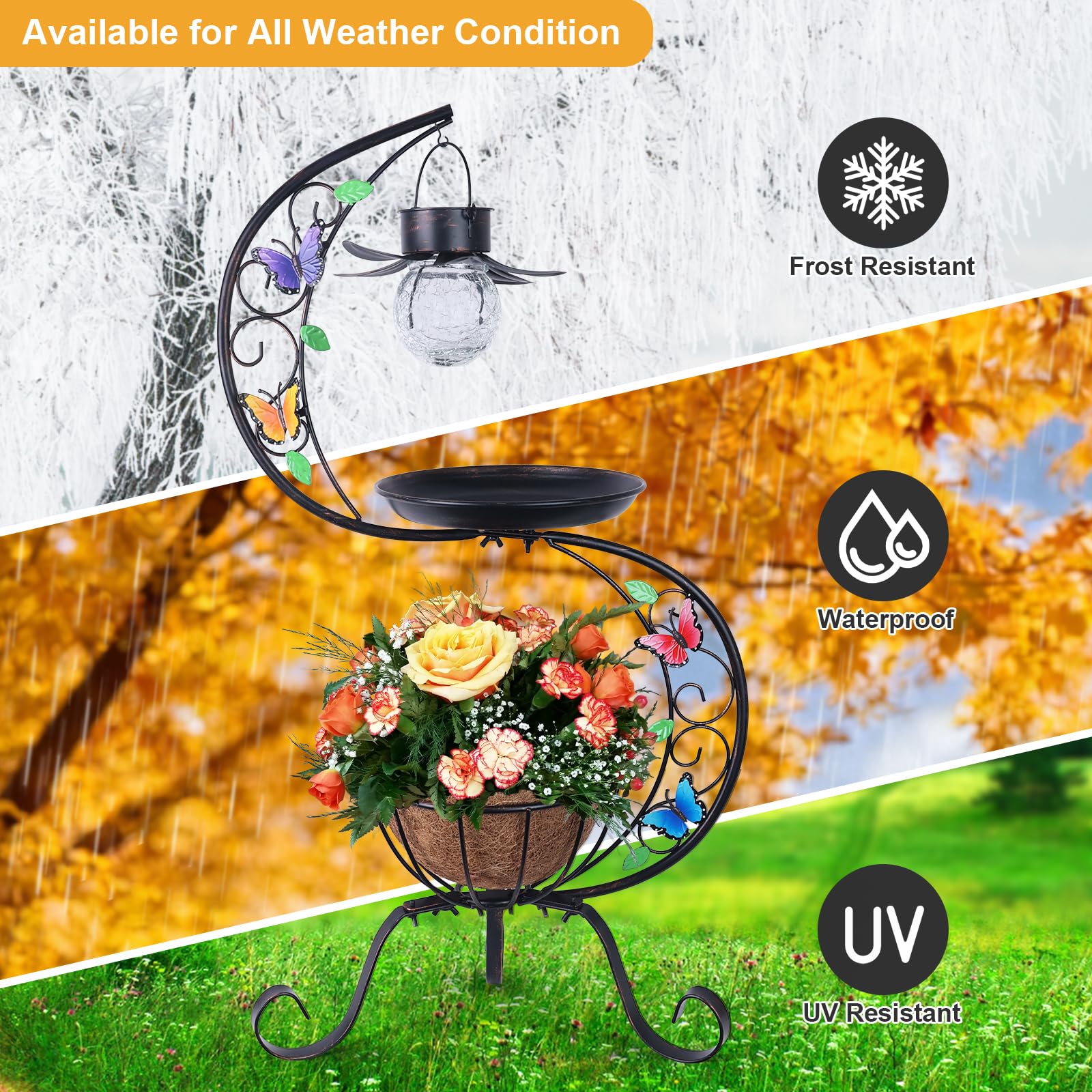 hogardeck Vogeltränke für Außen mit Solarlampe, Metall-Vogeltränke für den Außenbereich mit Blumen-Pflanzgefäß-Sockel, Vintage-Vogeltränke für Garten, Hof, Terrasse, Rasen-Dekor