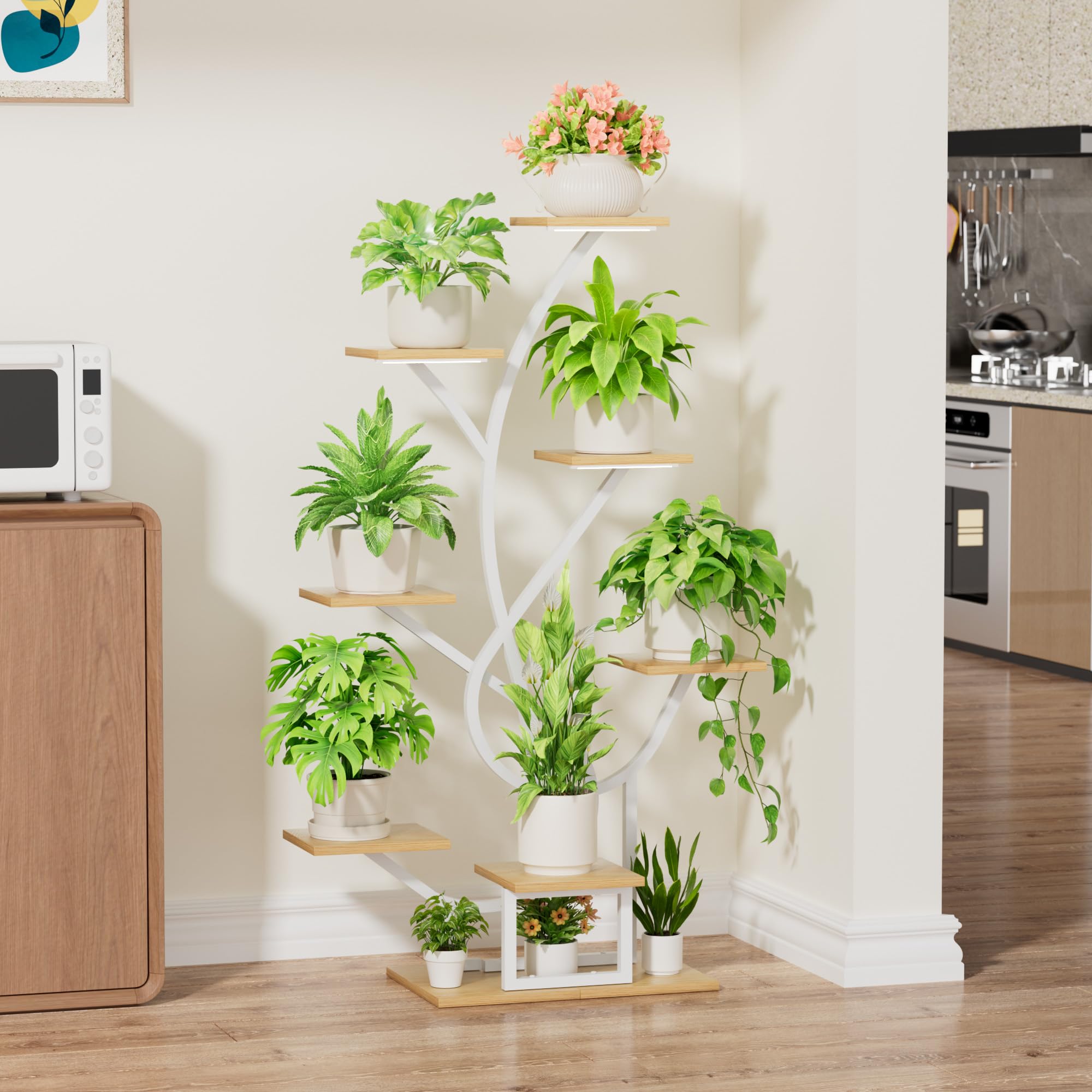 BACEKOLL Soporte para plantas con luz de crecimiento - 8 niveles, soporte para flores de 126 cm, metal y madera, estantería para plantas - para interior y exterior, escalera para flores - Blanco