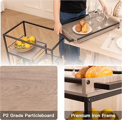 Miniatura 4 de Tektalk Carrito de bar, carrito de servicio de cocina, carrito de vino, carrito de café, carrito de almacenamiento, carrito de bar de 3 niveles con