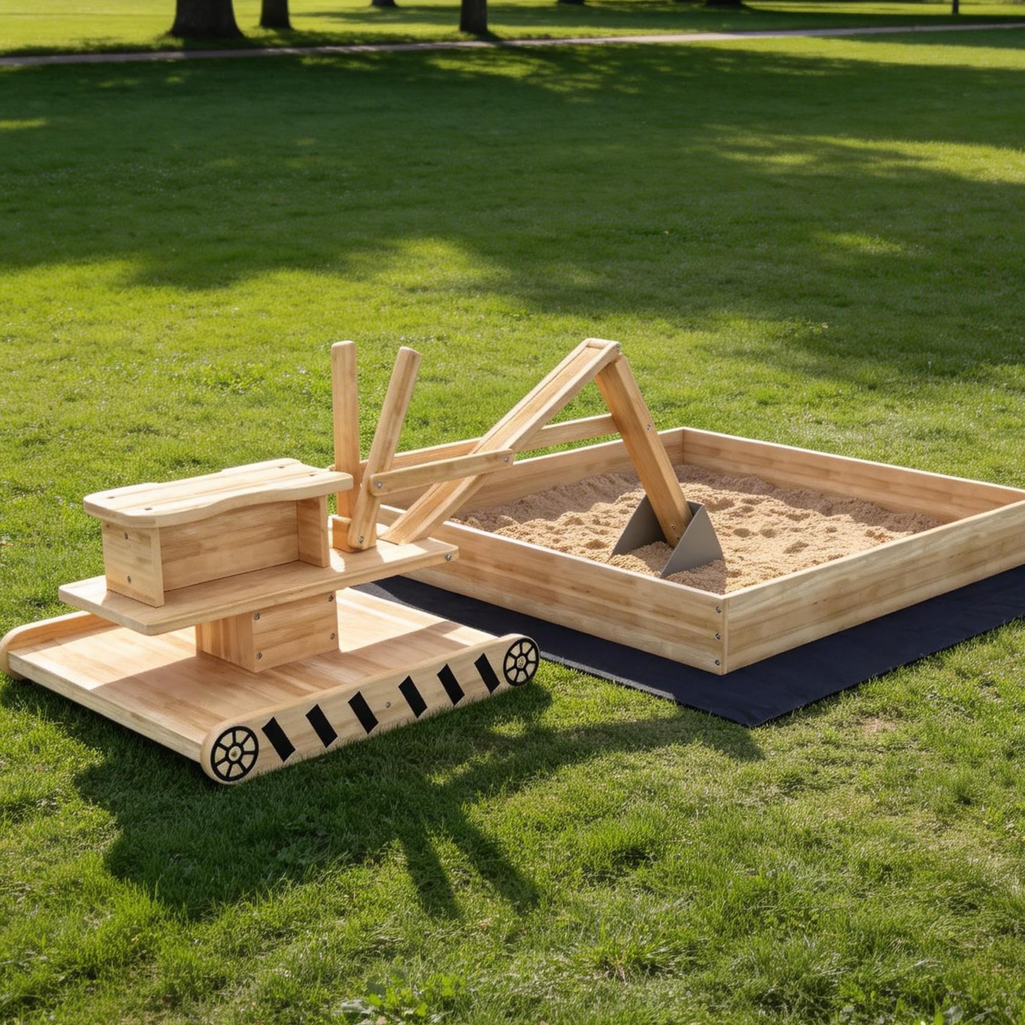 AIYAPLAY Arenero para Niños de Madera con Excavadora, Arenero Infantil con Asiento Giratorio 360° y Forro de Tela no Tejida, sin Motor, Caja de Arena para Niños de 3-6 Años, 184x90x56 cm, Natural