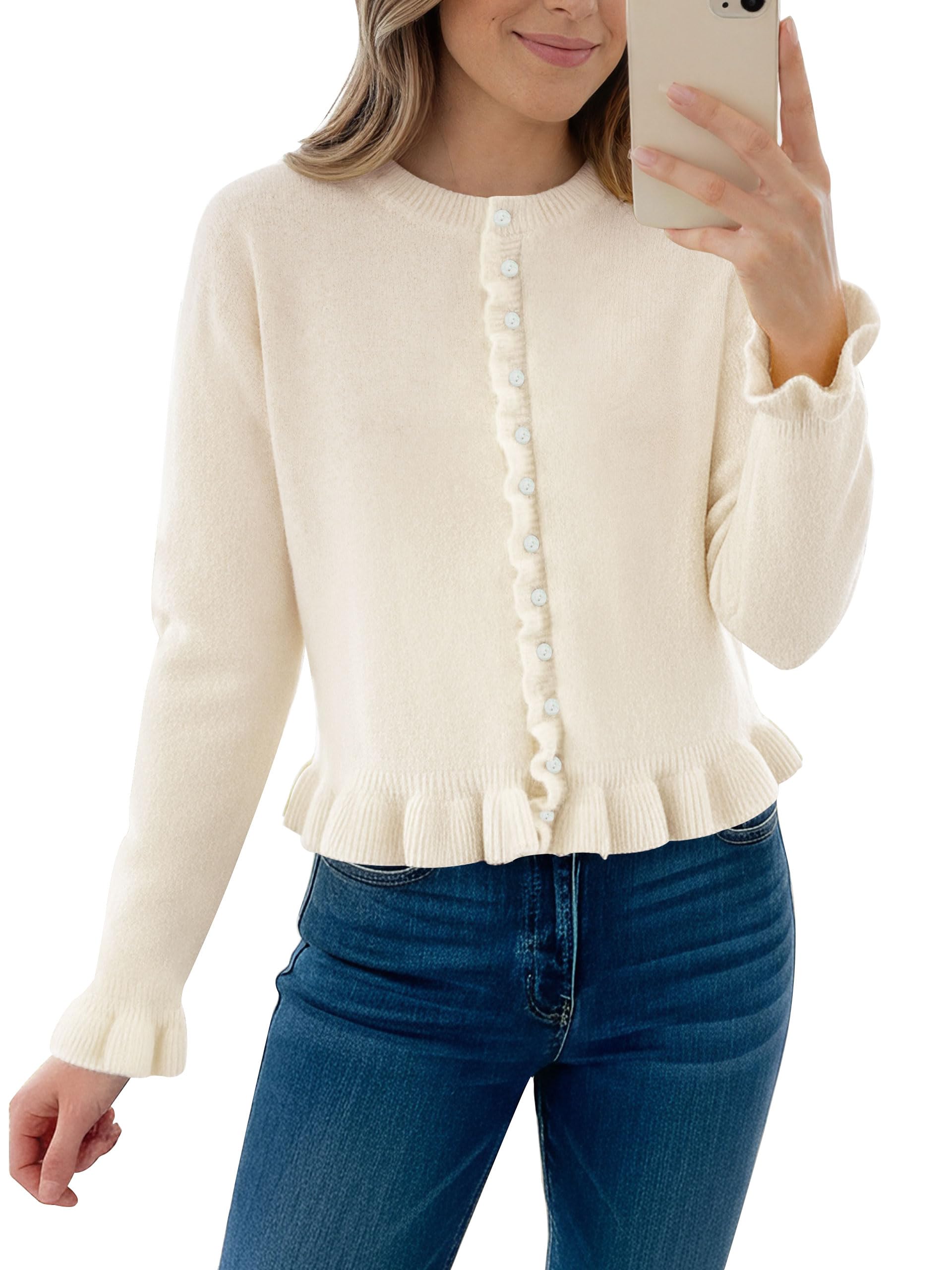 Womens Ruffle Cardigan Sweaters Cute Cropped Button Down Knit Top Long Sleeve Crew Neck Fall Casual Outfits