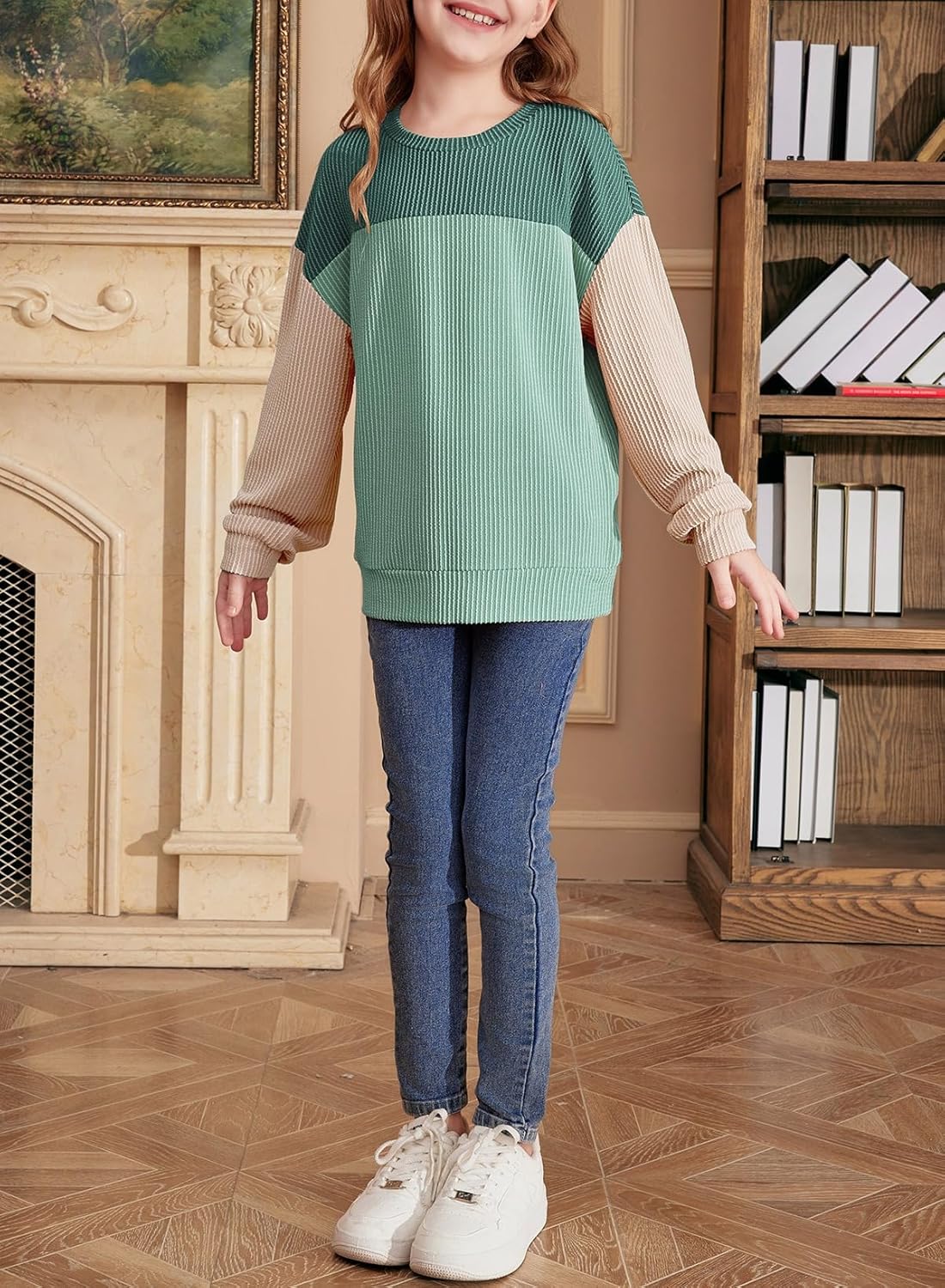 blibean Tween Girls Fall Long Sleeve Shirt Kid Color Block Tops Size 6-15 Years - Image 4