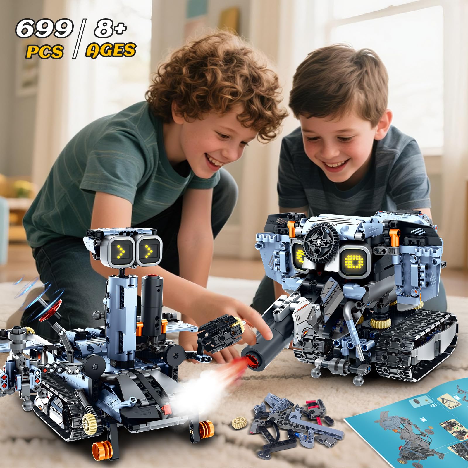 HiWEEGO Technik Roboter Bausatz für Kinder mit LED Augen, 5-in-1 App Fernbedienung Roboticset Baustein RC Bulldozer/Panzer/Engineering Spielzeug Geschenk für Jungen Mädchen Teens 8+ Jahre (699 Stück)