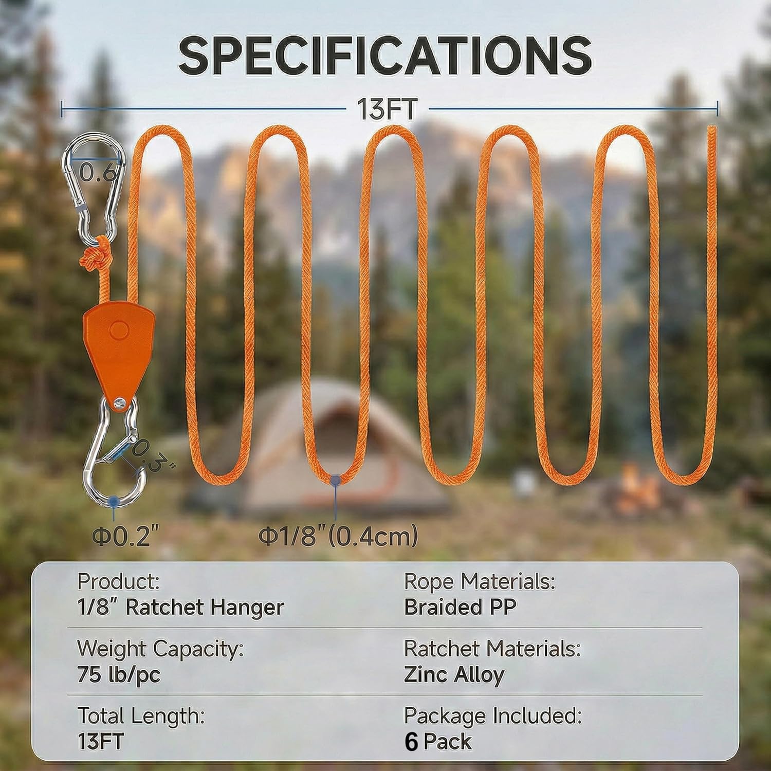 Ratchet Tie Down Straps, Retractable Heavy Duty Rope Pulley System with Carabiner Hook for Kayak Hanging Plants Grow Light Tents and Storage Use, 6 Pack 13ft Orang