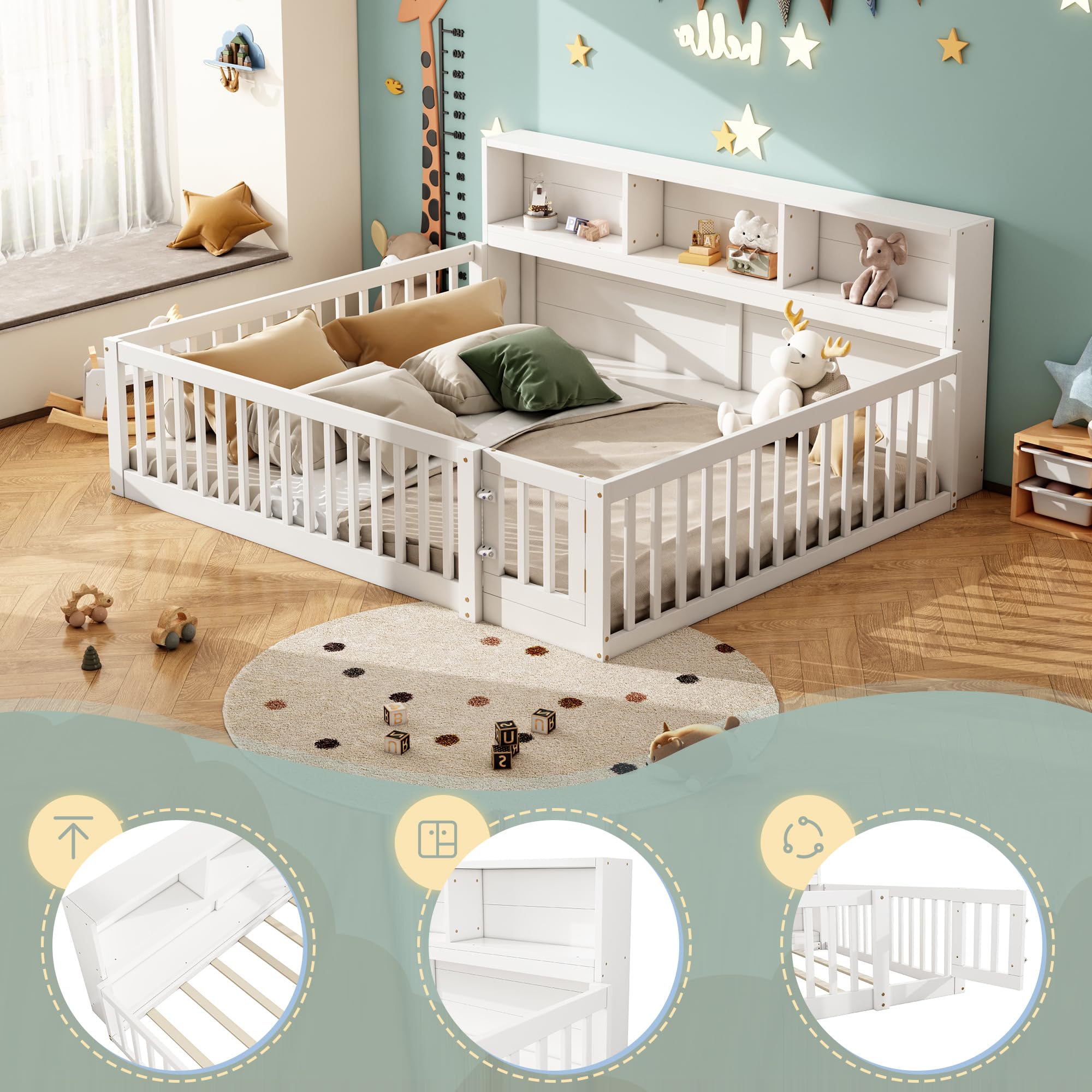 Letto da pavimento per bambini, 140 x 200 cm, con rete a doghe e protezione anticaduta, lato letto con scomparti multipli, stile semplice, per ragazzi e ragazze, in legno di pino, bianco