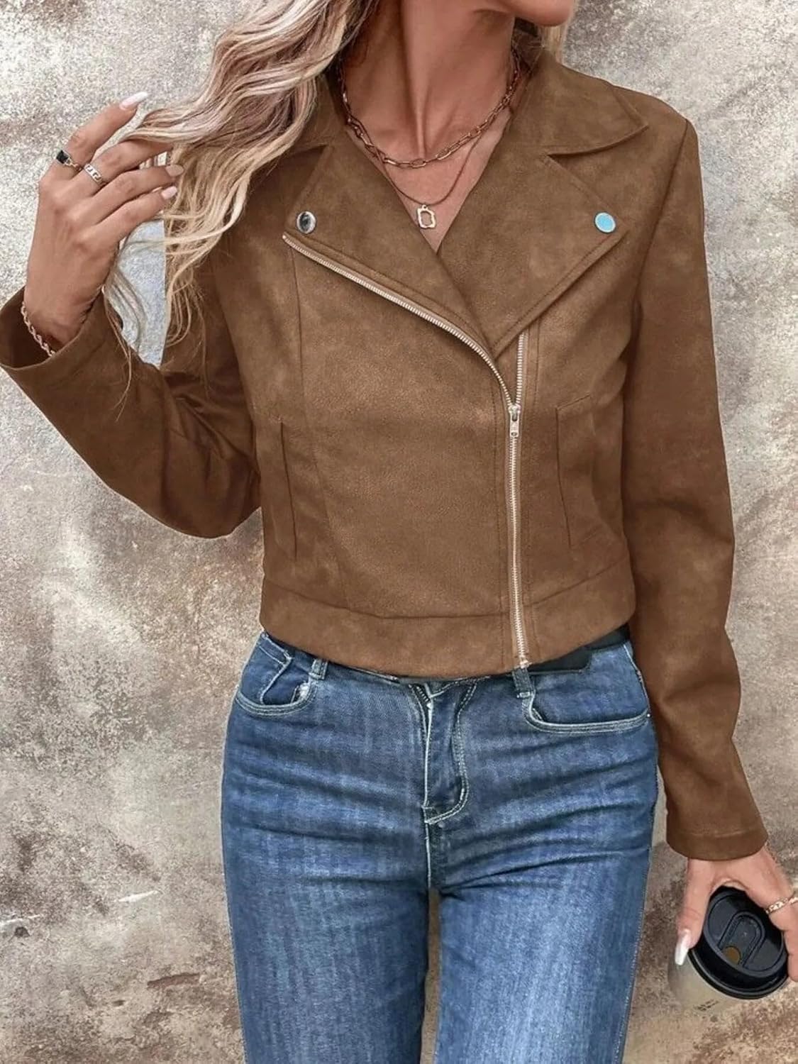 Women's Zip Up Suede Cropped Moto Jacket with Pockets Premium Fashion Outerwear Durable Versatile Everyday Chic Trendy