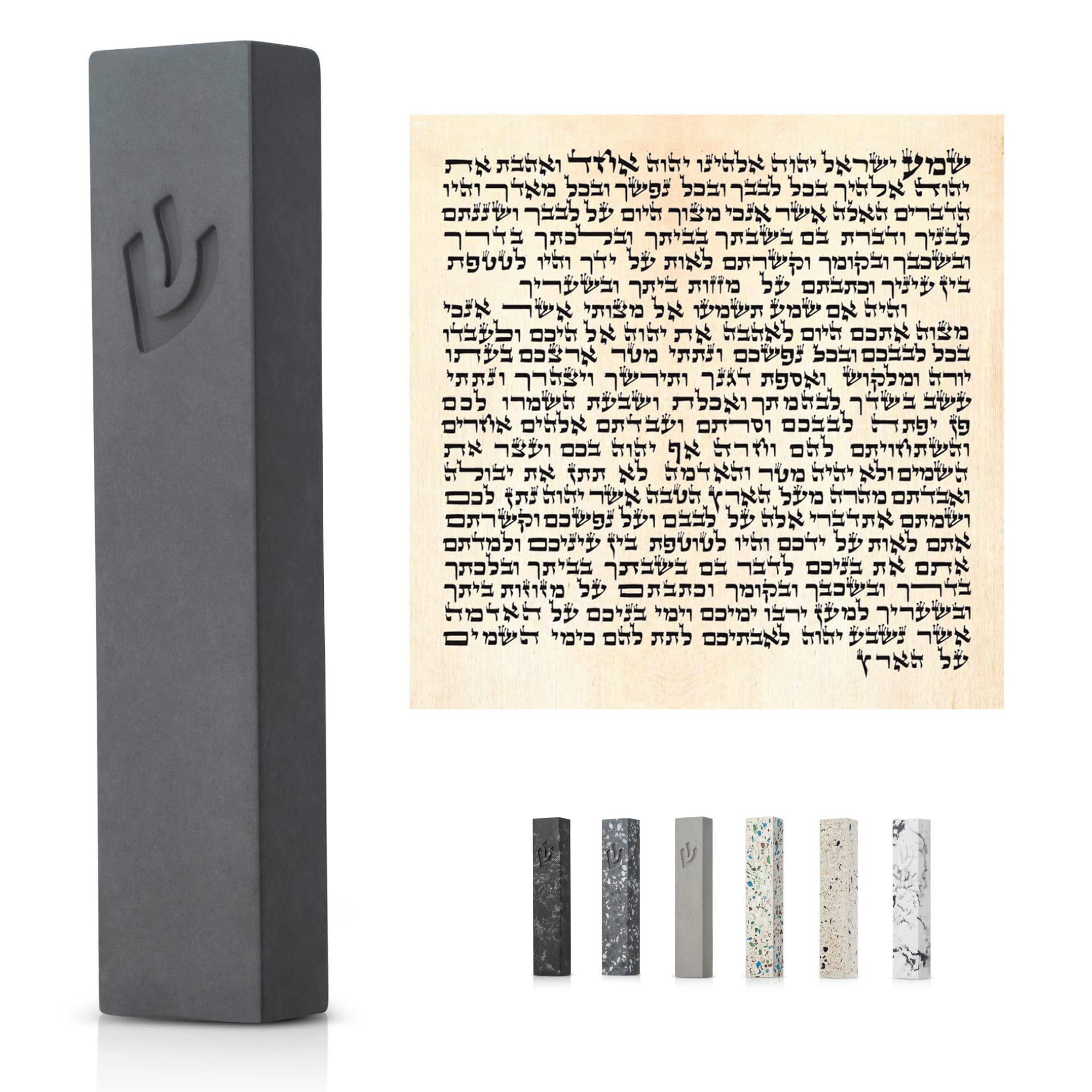 SURI Concrete Mezuzah for Door - Self-Stick Modern Mezuzah Case with Non Kosher Scroll and Gift Box Included | Dark Gray, 4" & 5" Mezuzah with Scroll for Door | Jewish Judaica Gift