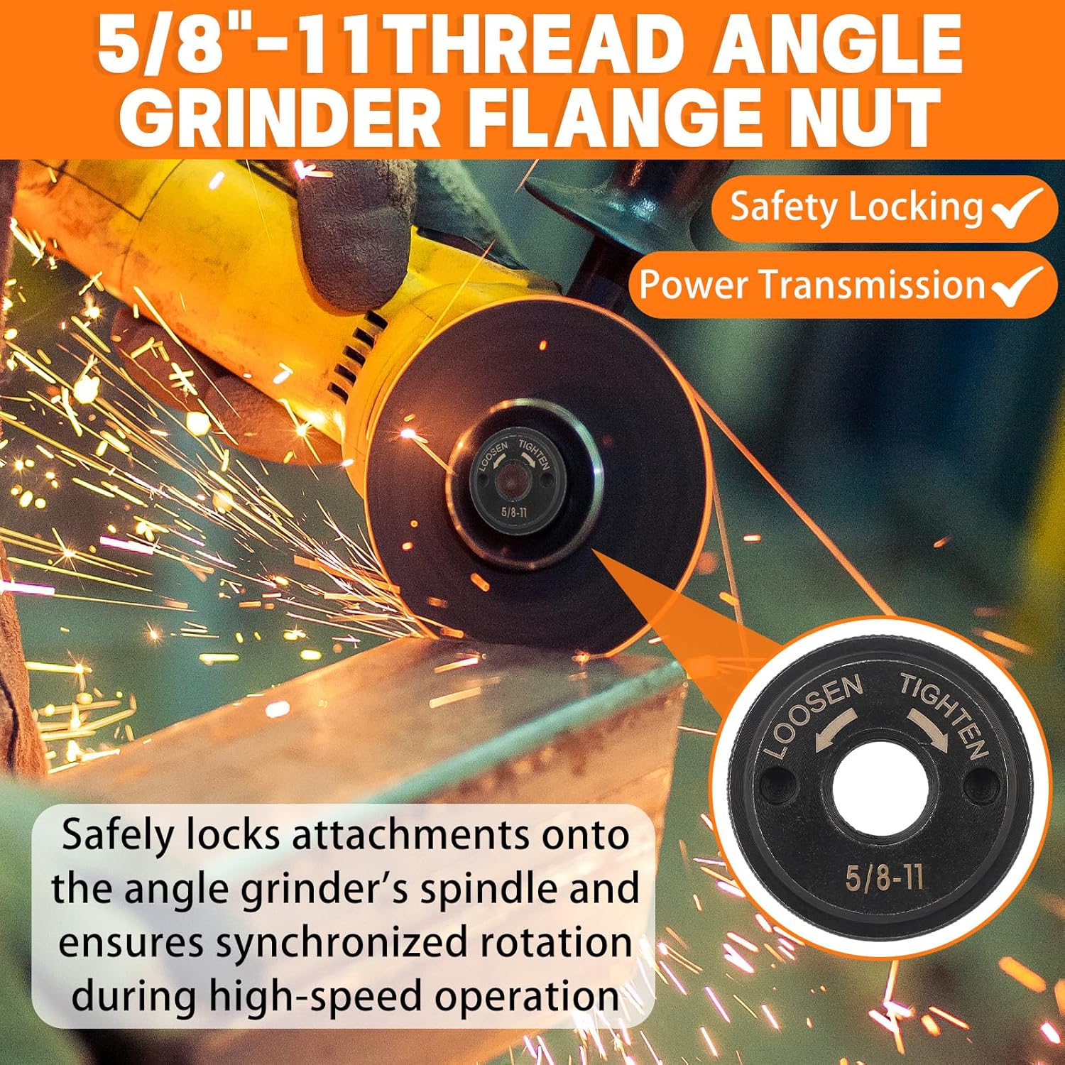 2-Pack 5/8"-11 Thread Quick Release Flange Nuts for Angle Grinders – Self-Locking Metal Lock Nuts, No Wrench Required, Fits 4.5" and 5" Grinder Tools