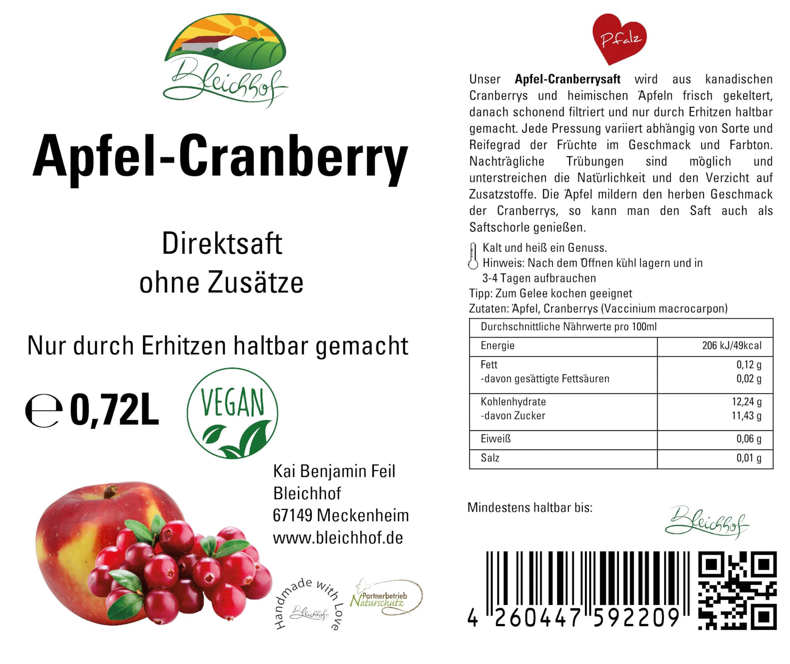 BLEICHHOF® Apfel-Cranberry - Direktsaft, vegan (6x0,72l)