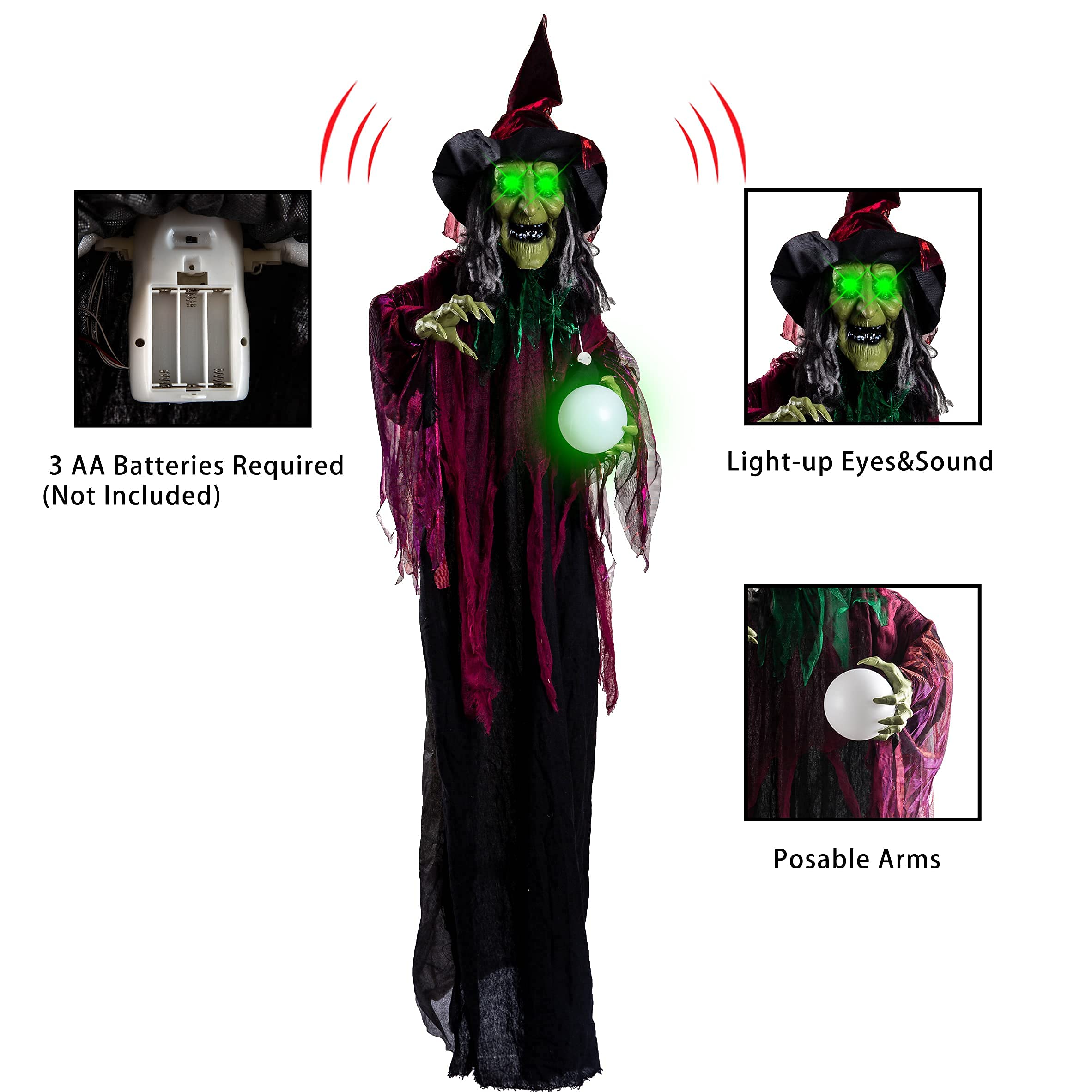 JOYIN Wisząca Dekoracja Czarownicy na Halloween - Animowana Przerażająca Czarownica z Oczami LED i Dźwiękiem, Dekoracja na Zewnątrz, Trawnik, Podwórko, Patio