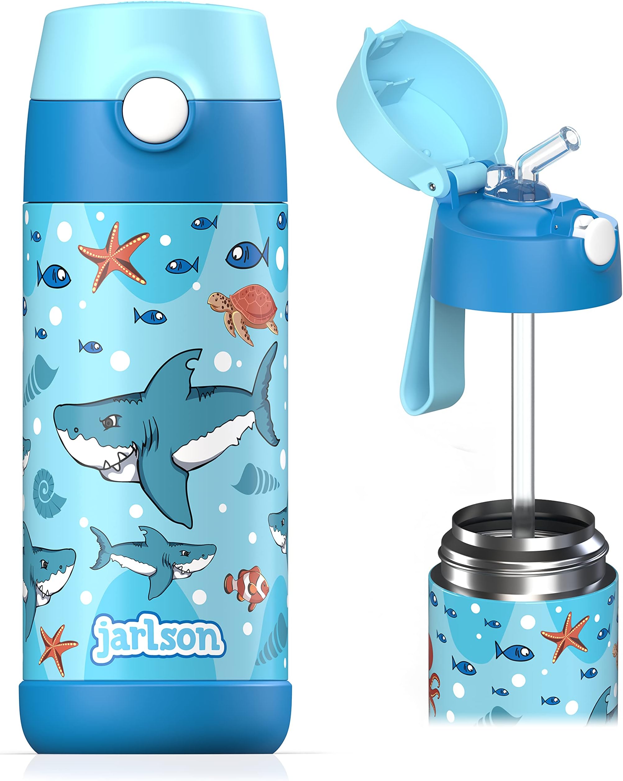 Jarlson® Borraccia Bambini Acciaio Inox, Bottiglia Termica, Senza BPA, Bottiglia Acqua con Cannuccia, Termos 350 ml (Squalo, 350)