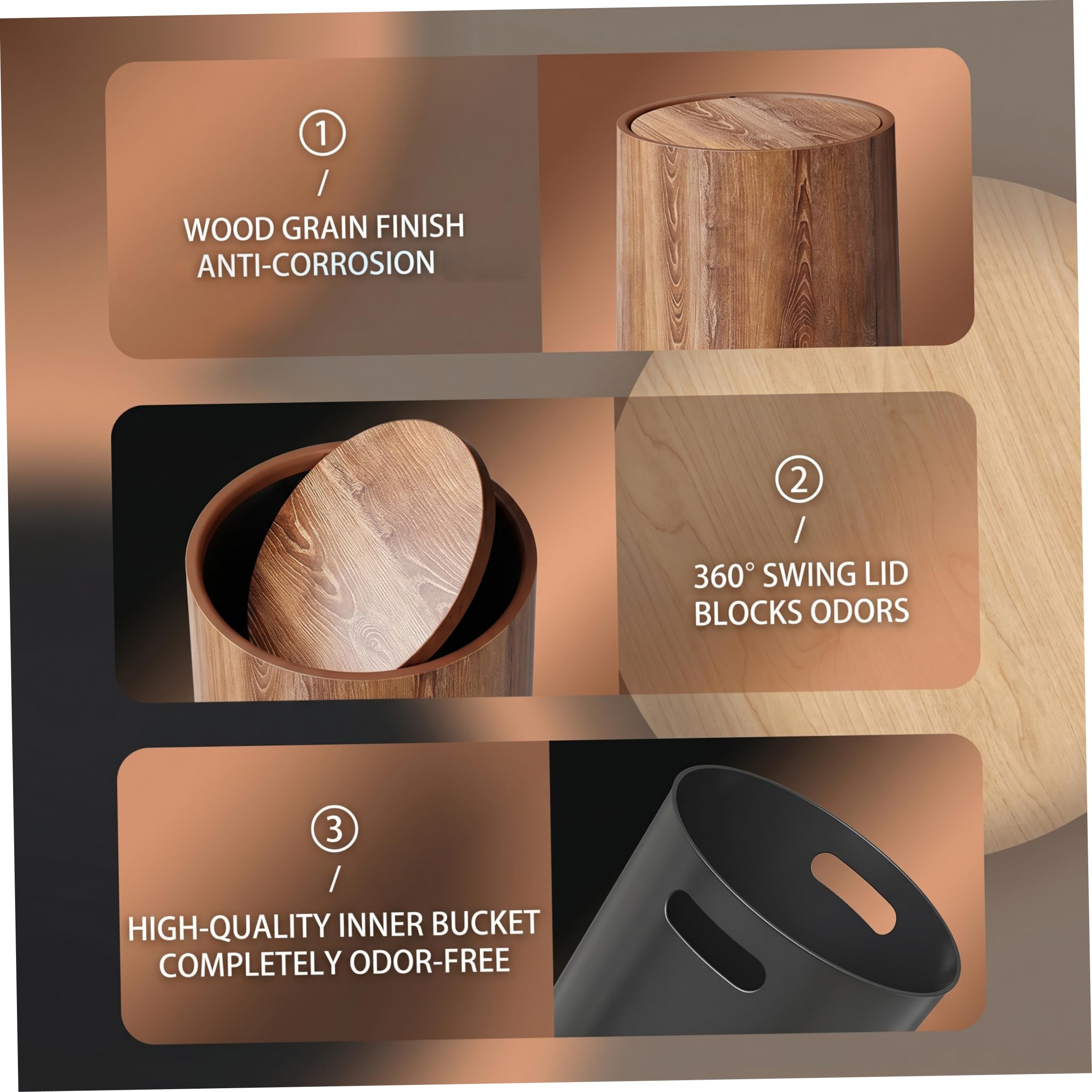 Pattumiera Coperta, Pattumiera con Parte Superiore Oscillante a Doppio Strato con Coperchio Cestino per Rifiuti in plastica con Grana del Legno per Home Office Hotel, 9X11 Pollici, Marrone, Pattumier