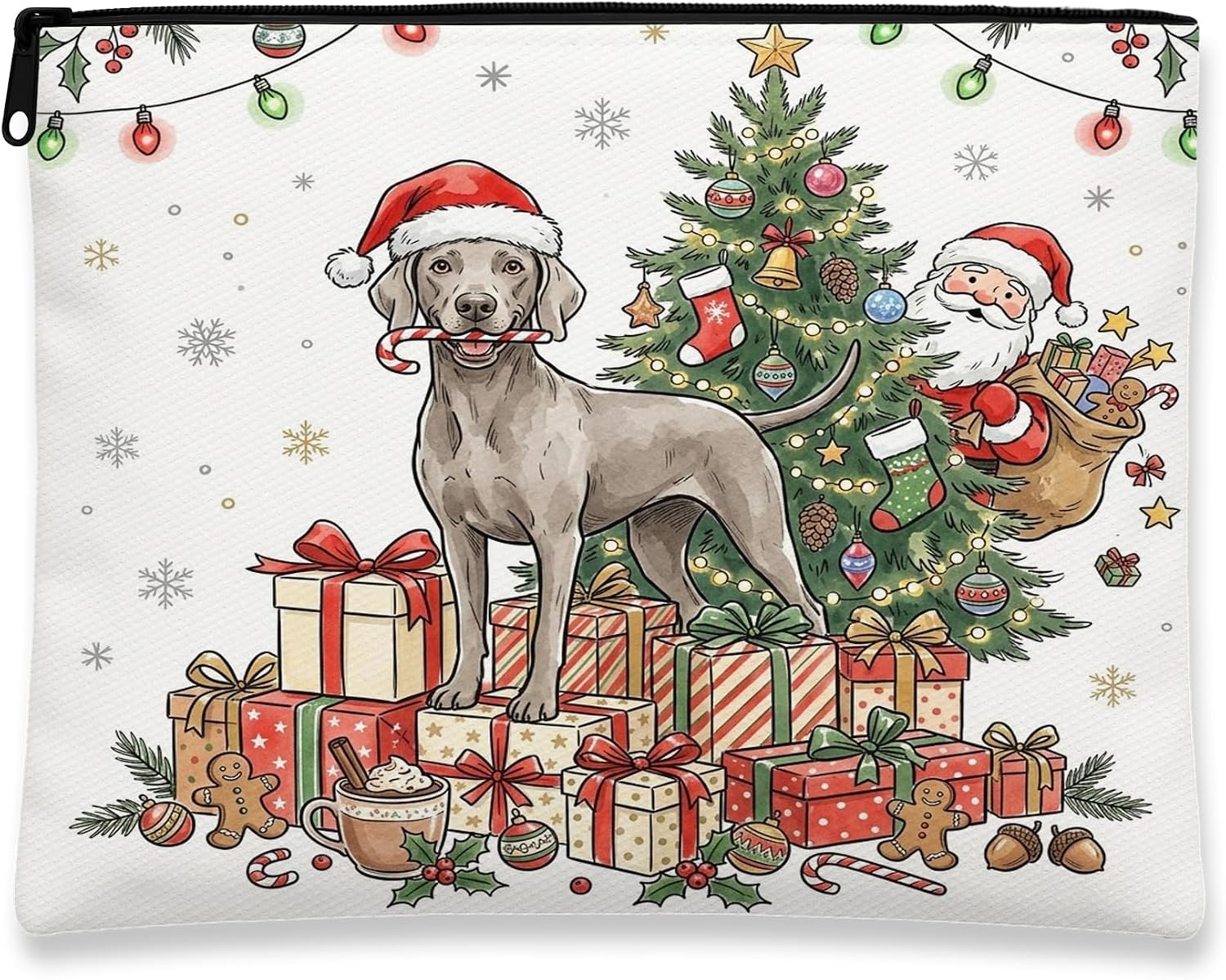 Christmas Tree Santa Weimaraner Dog Makeup Bag 7''x9'' for Travel Pouch, Winter Xmas Gift Box Print Cosmetic Pouch for Women Gift, Holiday Portable Canvas Zipper Organizer
