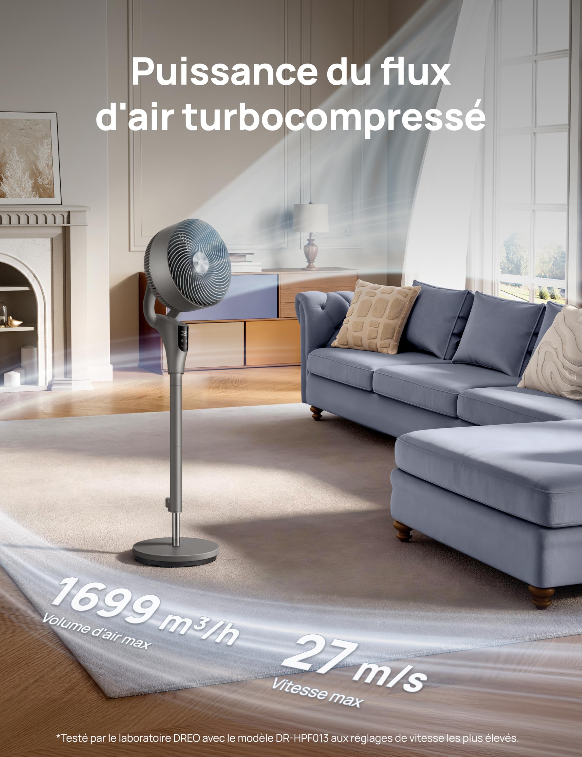 DREO Ventilateur sur Pied Silencieux pour Chambre [Amélioré], Flux d’Air 27m, 20dB, Oscillation 90°, Moteur DC, 8 Vitesses, 3 Modes, Hauteur 96–106 cm, Minuterie 8H, Inclinaison 105°
