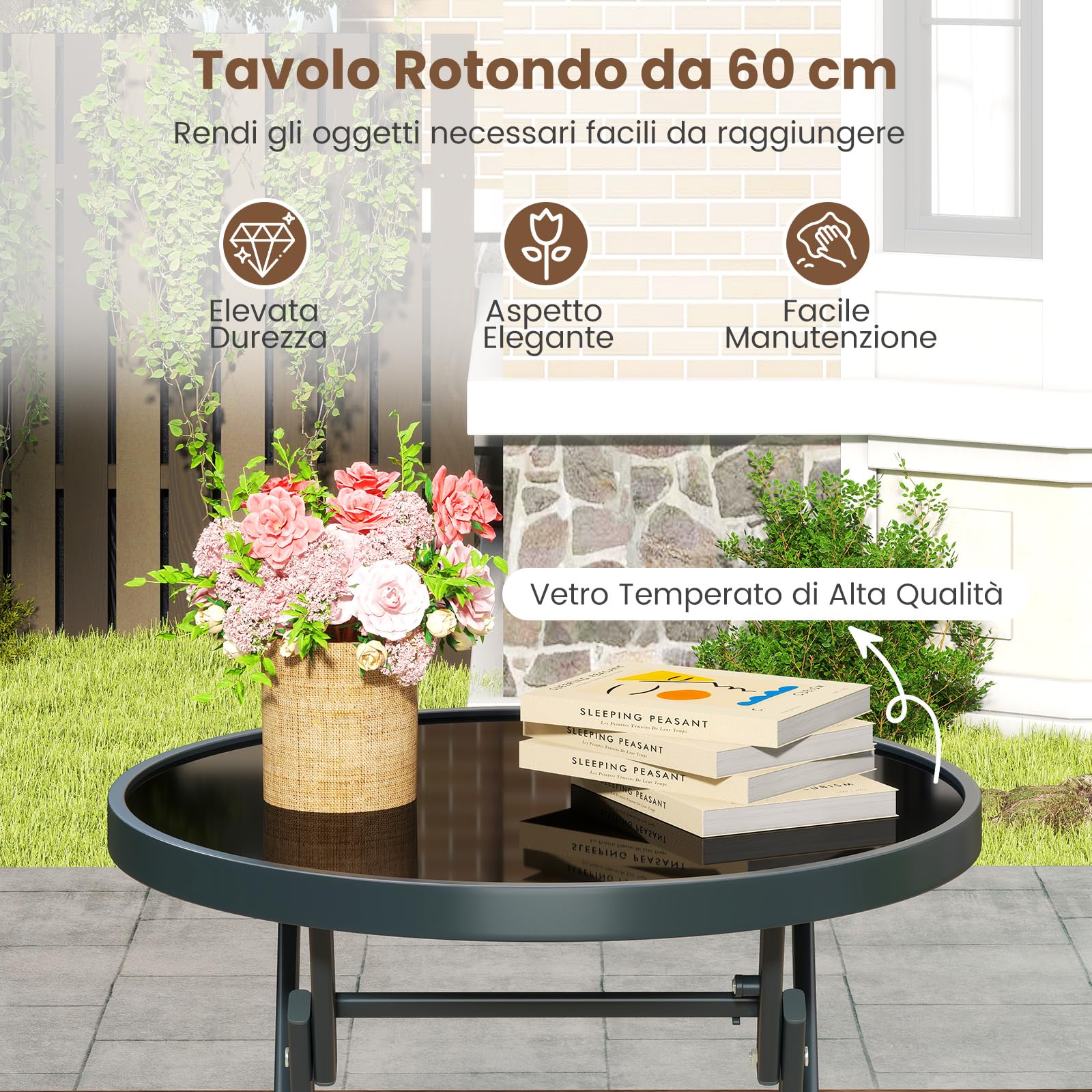 COSTWAY Set Tavolino e Sedie da Giardino Pieghevole, Set Bistro 3 Pezzi, Tavolino con Piano in Vetro Temperato e Metallo, Sedie con Tessuto Textilene Impermeabile, per Balcone, Patio, Piscina