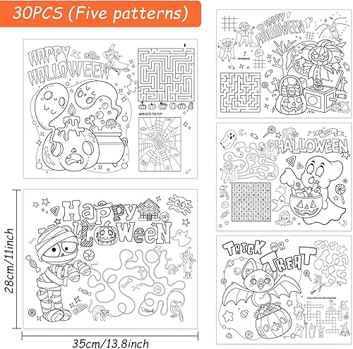 Miniatura 2 de AnyDesign - 30 manteles individuales de papel de Halloween de 5 estilos para colorear de 11 x 14 pulgadas, tapete de comedor desechable para
