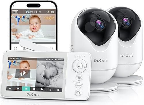 Dr.Care VistaView Lite RB Smart WiFi Monitor de bebé con 2 cámaras, pantalla dividida 720P de 4 pulgadas y control de aplicación de cámara 1080P,