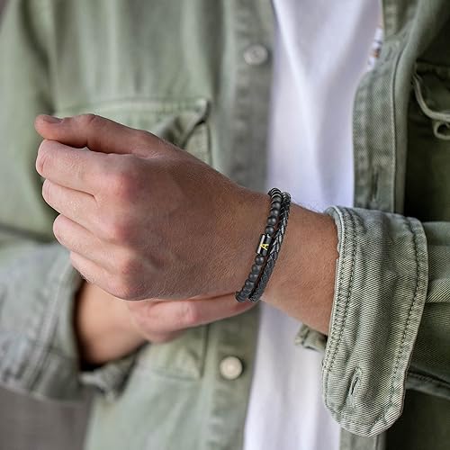 Miniatura 2 de Pulseras de cuero en capas con iniciales para hombres, pulseras de cuero trenzado de piedra natural para hombres con cierre magnético, pulseras de