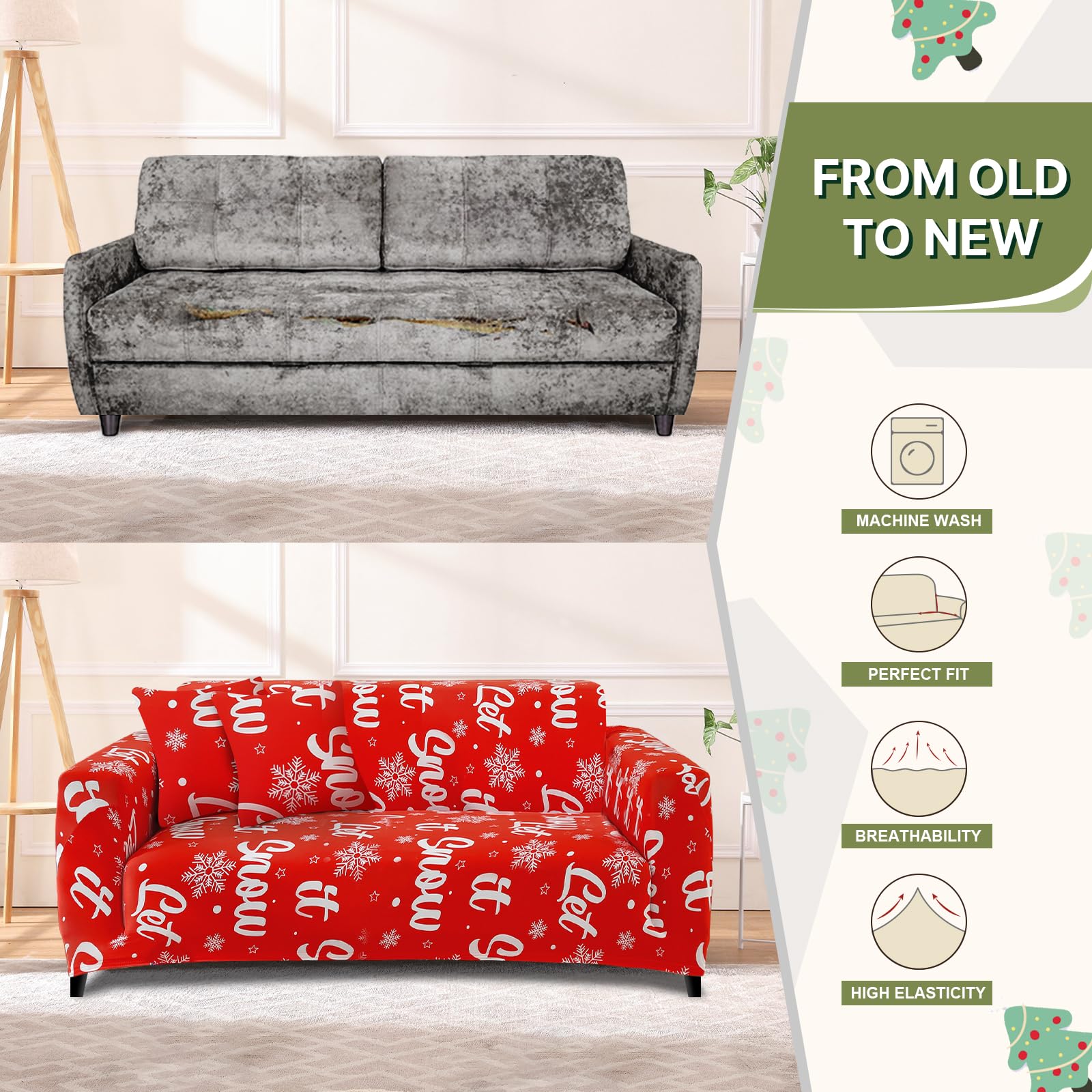 Lydevo Copridivano Elasticizzato Natale 3 Posti Fodere Copri Divano con Braccioli con 2 Copricuscini Moderno Copridivano Fantasia Universale Lavabile Divano Protector,Fiocchi Neve