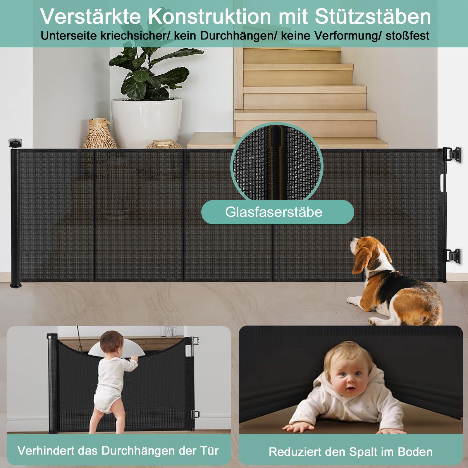 Treppenschutzgitter Ausziehbar für Babys, ausziehbar bis zu 300 cm breites Netz, Treppenschutzgitter Ausziehbar, einziehbare Haustiergitter für Treppen, Türen, Flure, drinnen und draußen