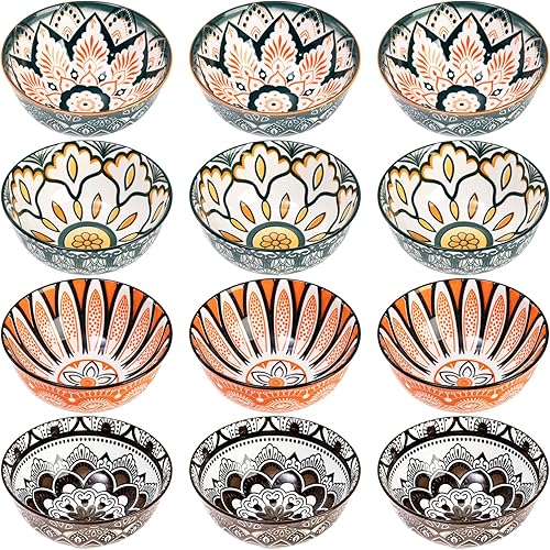 Foraineam Paquete de 12 cuencos de porcelana, juego de cuencos pequeños de 10 onzas, coloridos cuencos redondos florales para sopa, helado,