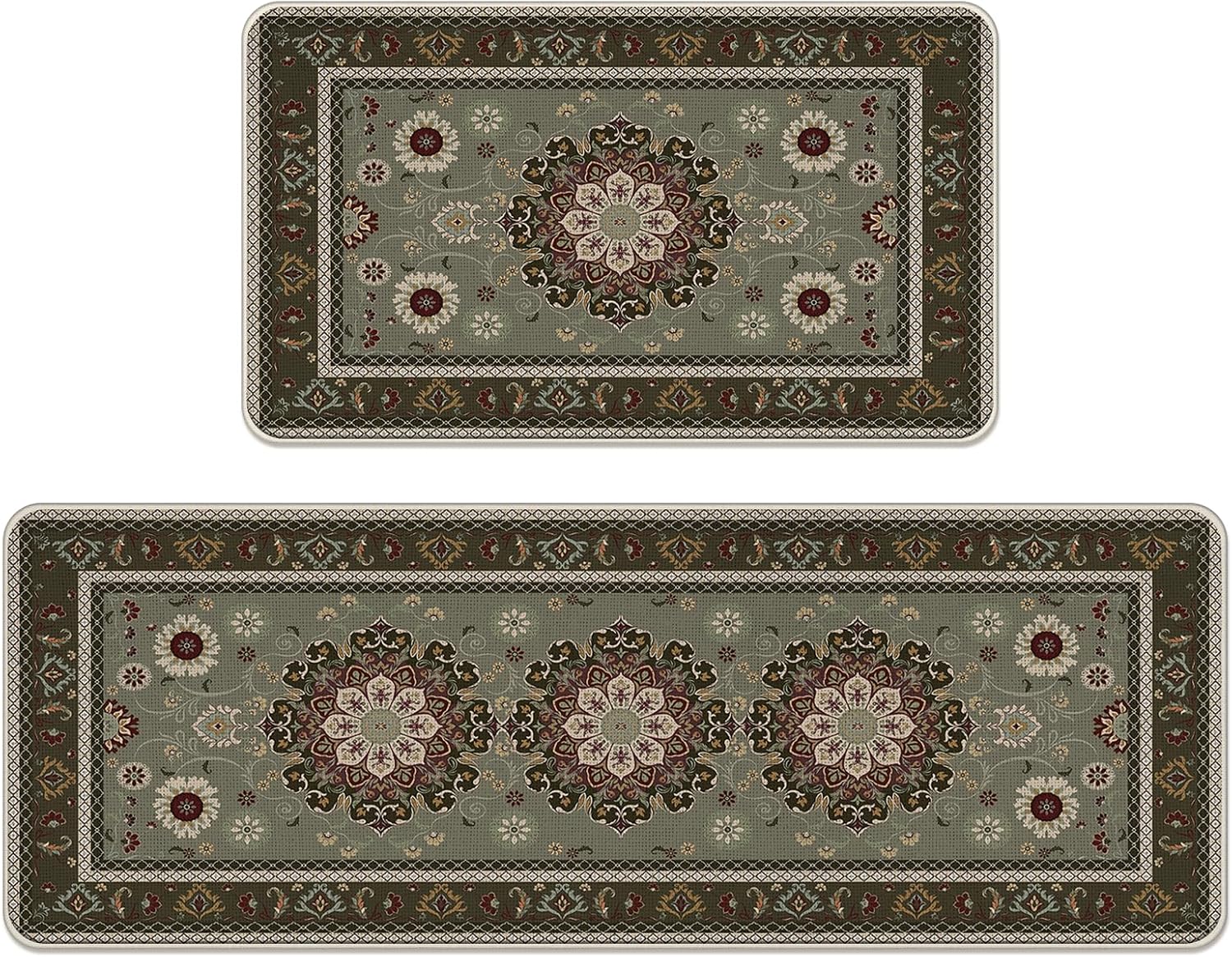 Boho Vintage Floral Kitchen Rugs Set of 2, Retro Antique Green Brown Flower Geometric Floor Mats Home Decor, Farmhouse Door Mat Decorations - 17x29 and 17x47 Inches