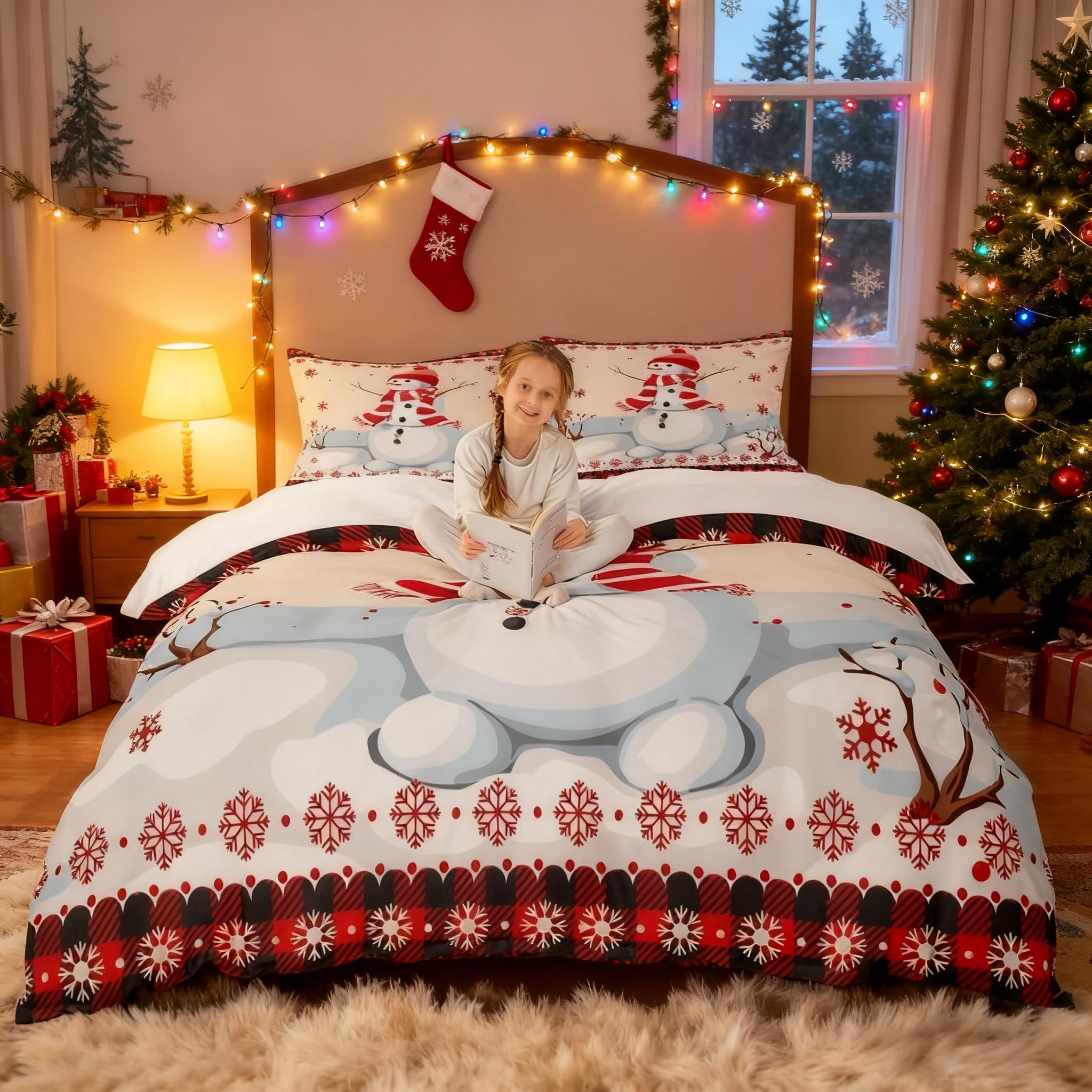 Kids Snowman Christmas Duvet Cover Set Queen Size,Snowflake Romantic Bedding,Girls Boys Adults Home/Xmas Cabin Decor,Geometric Grid Lattice Comforter