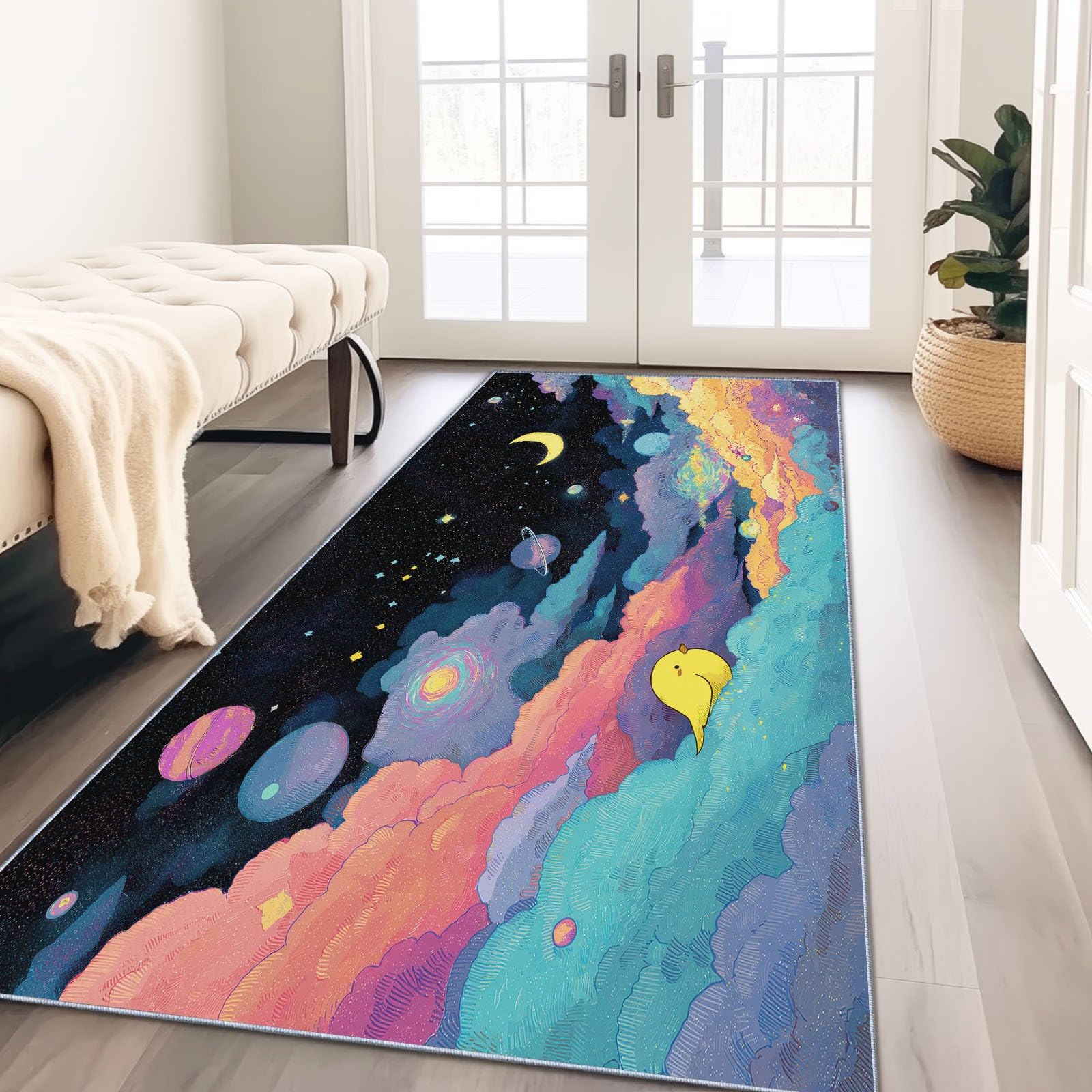 Generisch Teppich läufer Flur rutschfest Kleiner Gelber Vogel Wolken & Planeten, Küchenteppich Waschbar 60 x 240 cm, Korridor Teppich Lang, Vogel Wolken Küchenläufer für Kinderzimmer, Blau Gelb