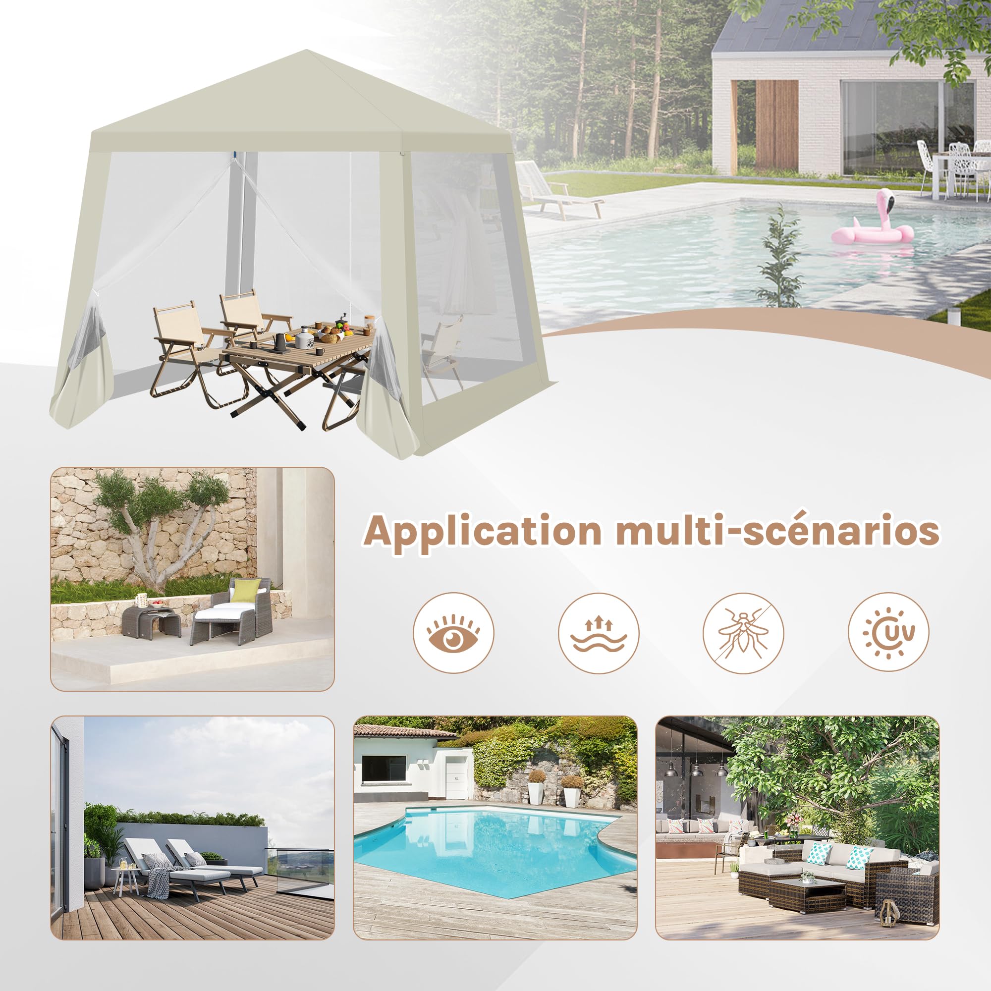 WOLTU Tonnelle de Jardin Extérieur, avec Moustiquaire, Pergola Jardin Extérieur, Tente de Réception, avec Parois Latérales en Maille, Barnum 3 x 3 m, Aspect Unique, Beige