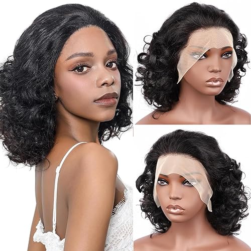 mogge Peluca de cabello humano con encaje frontal de color negro natural, onda de huevo de 13 x 4, pelucas de encaje frontal HD de 13 x 4, densidad