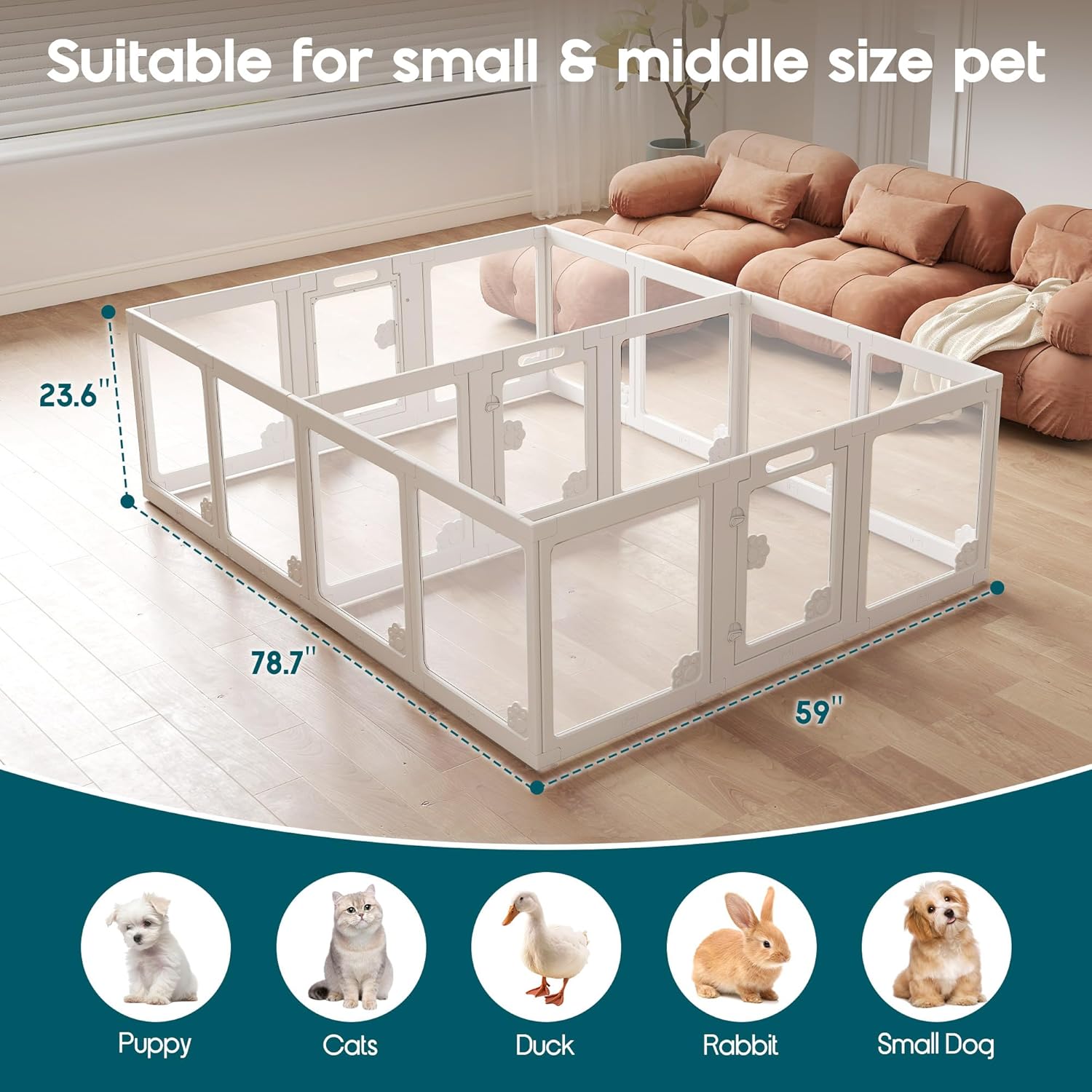 Albott Acrylic Clear Dog Playpen Indoor, Modular Puppy Cat Small Pet Play Pen with 3 Doors, Transparent Fence for Little Dogs, Cats, Rabbits, Easy Assemble and Disassemble, White (24" H, 17 pcs)