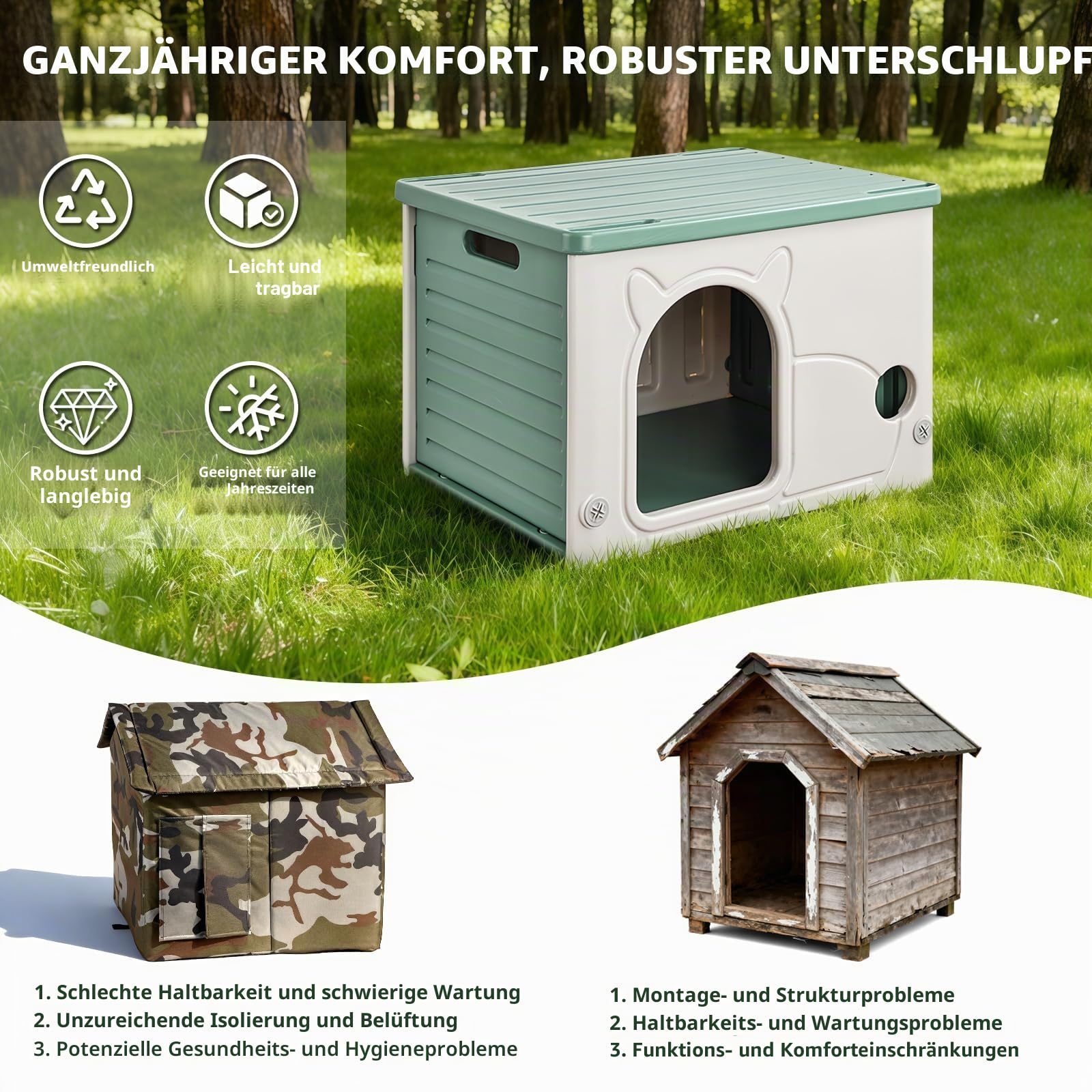 Katzenhaus Höhle für Innen- und Außenbereiche, stapelbare Frettchen-Wasserdicht-Schutzhütte isoliert erhöht mit Katzenkörbematte Grün