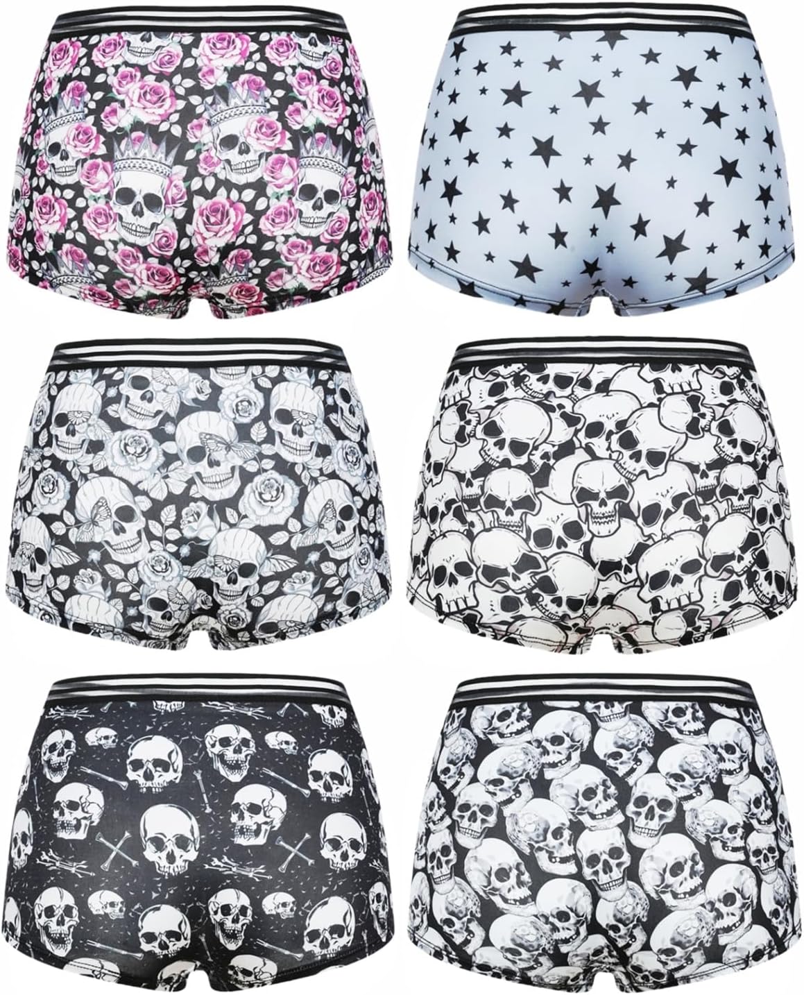 Morvia Gothic Halloween Print Boyshorts Underwear, 6 Pack, High Waist Contrast Elastic Band, Black Red Skull Spooky Patterns - Image 9