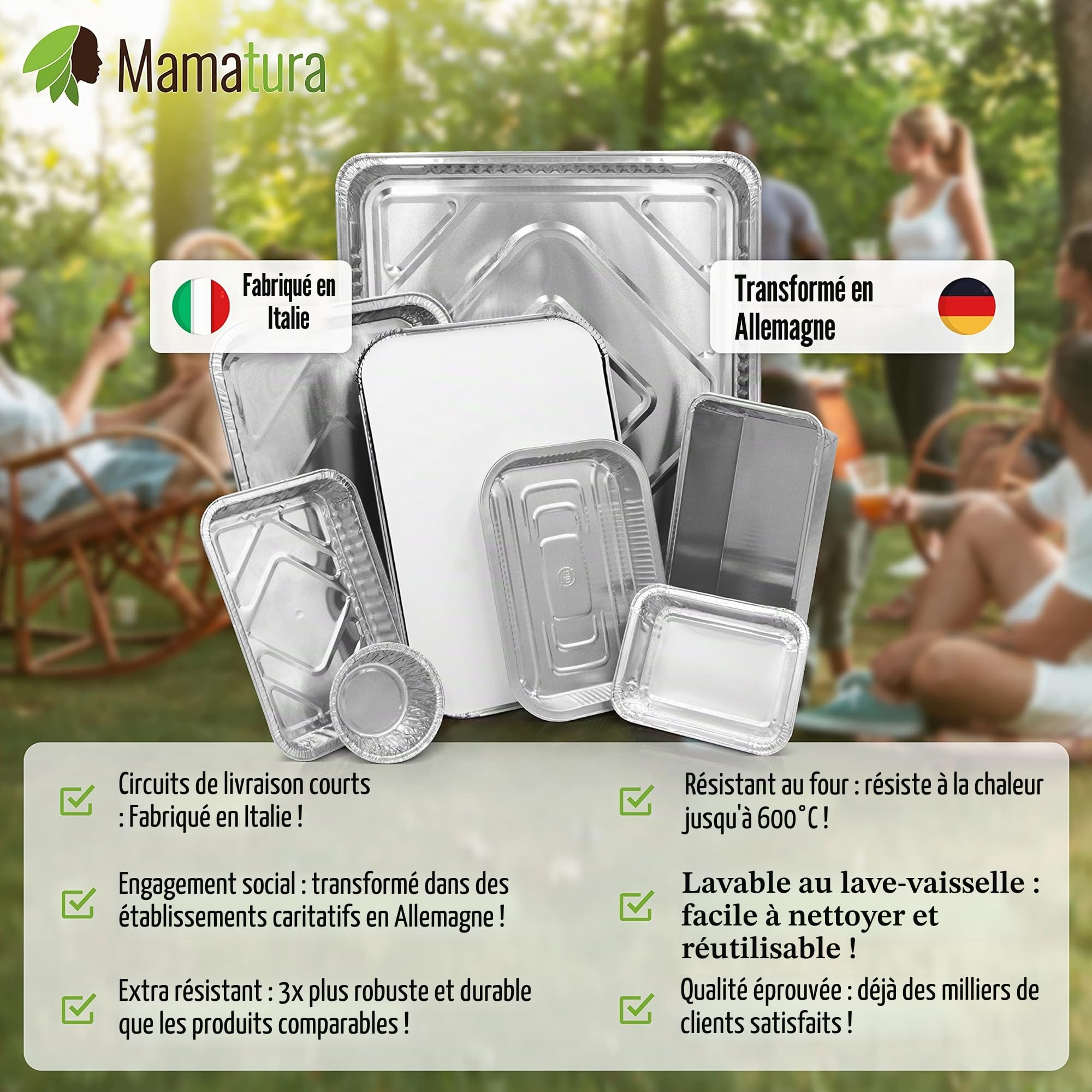 Mamatura Lot de 25 coupelles XL en aluminium avec couvercles 32 x 22 cm 2100 ml