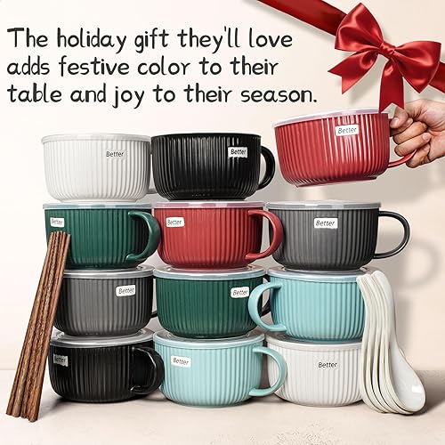 Miniatura 4 de Artena Tazones de sopa de 38 oz con asas, tapas, cucharas y palillos  Tazones de ramen de cerámica grandes de 6 pulgadas aptos para microondas,