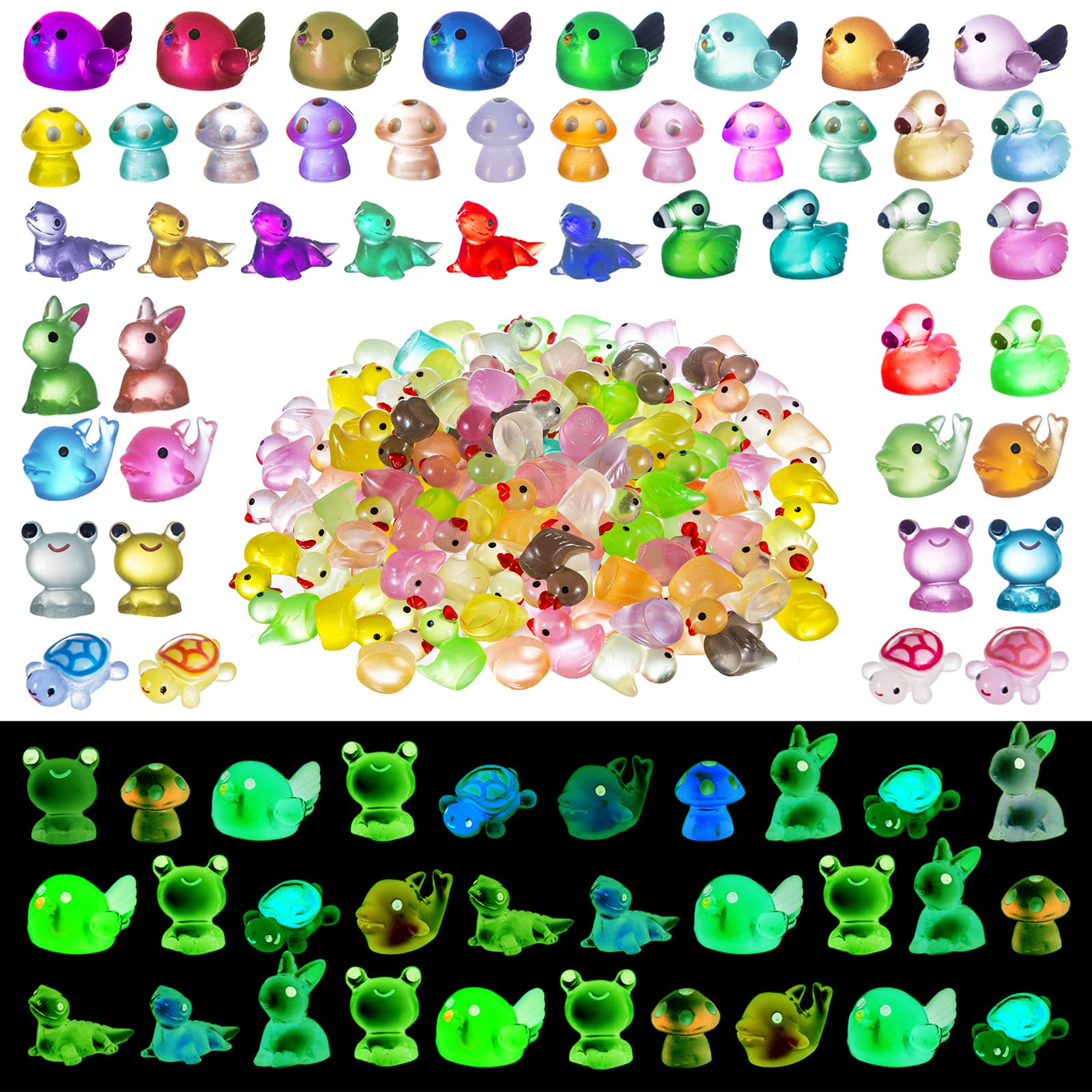 200PCS Luminous Mini Resin Ducks Tiny Frog Flamingo Glow in The Dark Animals Mushroom Rabbit Dolphin Dollhouse Landscape Garden Micro Décor Aquarium Potted Figurine Turtle Lizard DIY Hide Seek Prank