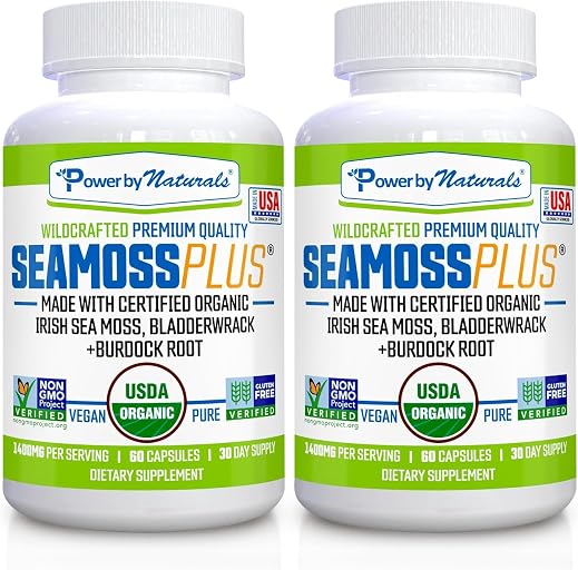 Power By Naturals Sea Moss Plus – USDA Organic Irish Sea Moss Capsules with Bladderwrack & Burdock Root – Immune Support – Vegan, Non-GMO, Gluten-Free – 120 Capsules, 2-Pack (2-Month Supply)
