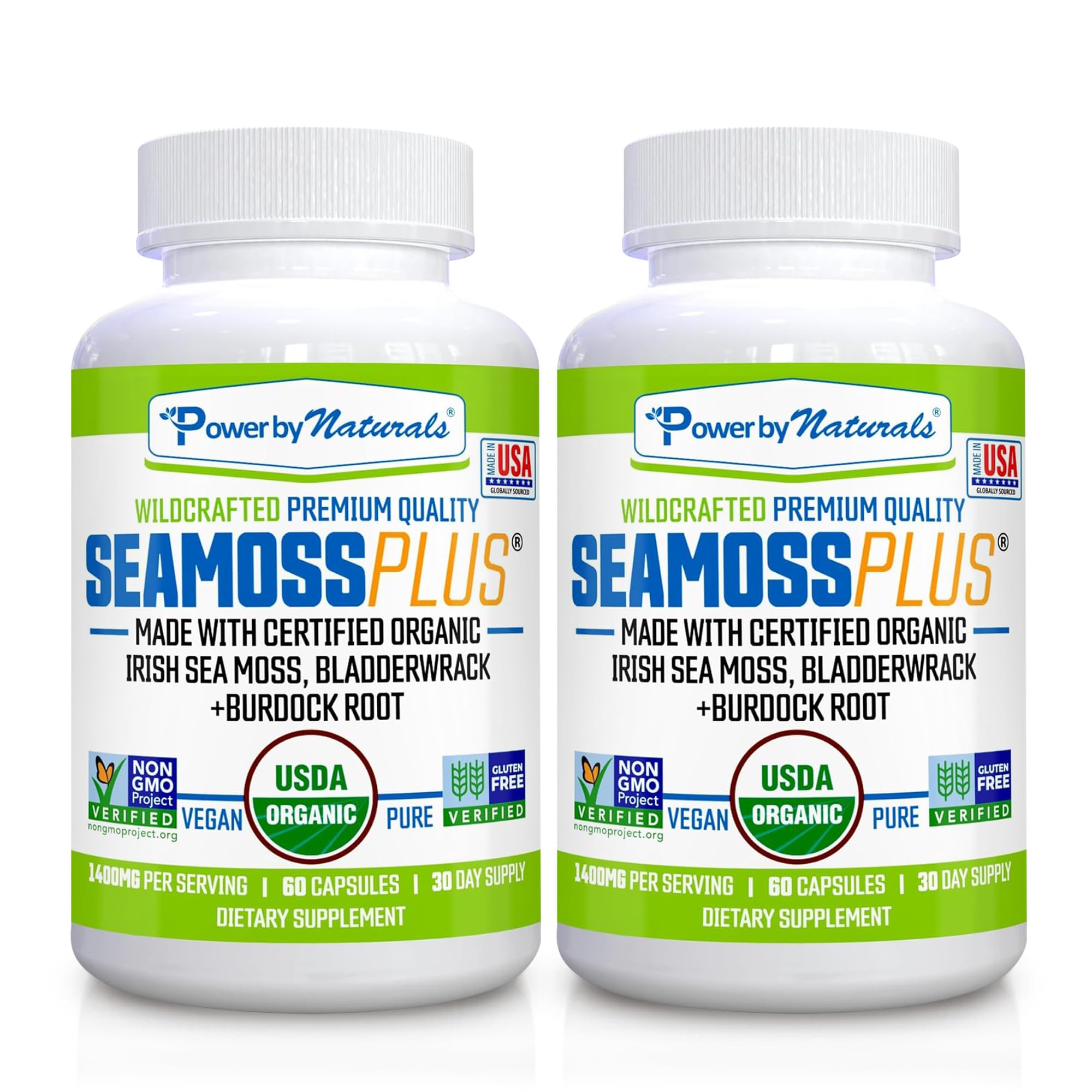 Power By Naturals Sea Moss Plus – USDA Organic Irish Sea Moss Capsules with Bladderwrack & Burdock Root – Immune Support – Vegan, Non-GMO, Gluten-Free – 120 Capsules, 2-Pack (2-Month Supply)