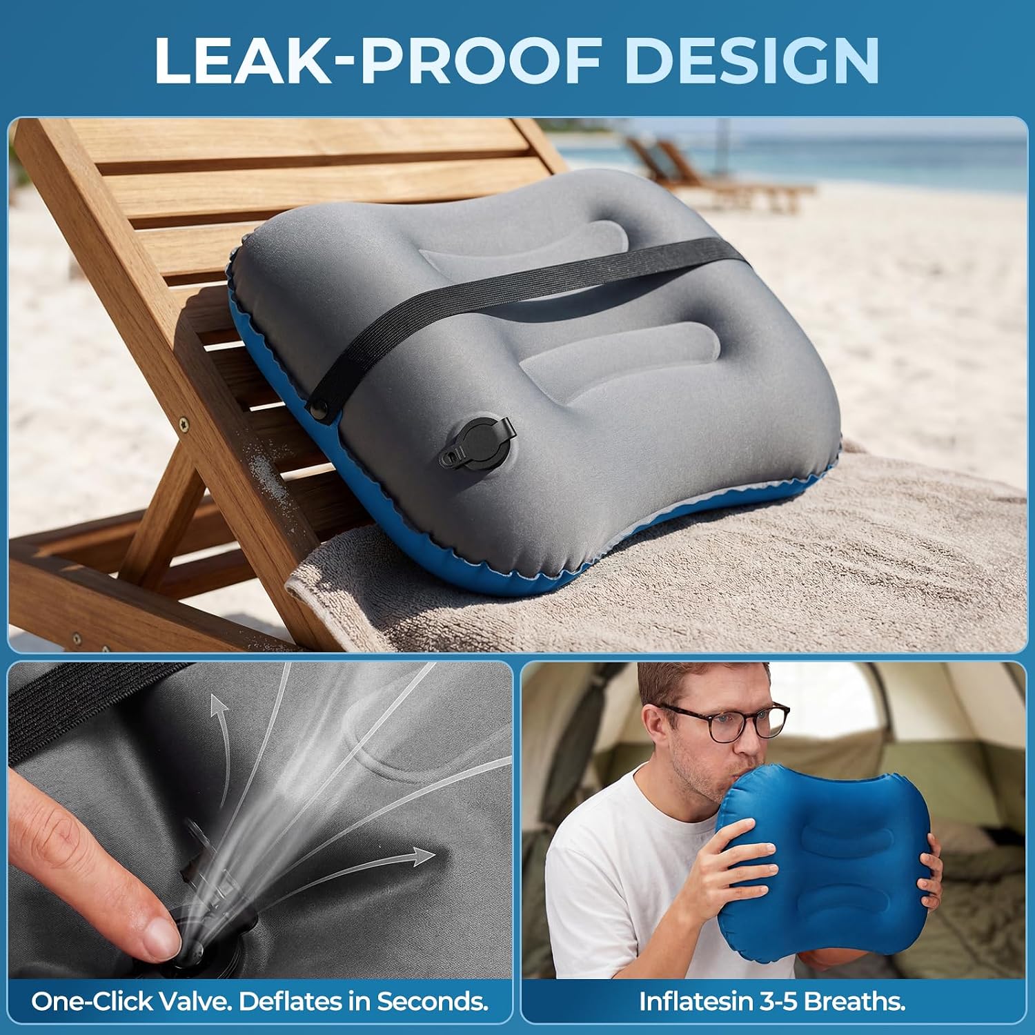 Camping Pillow Ultralight Inflatable Pillow for Camping Travel Sleeping, Compact Backpacking Camp Pillow with Strap, Portable Beach Pillow, Quick Inflate, Durable TPU, Blue 1-Pack