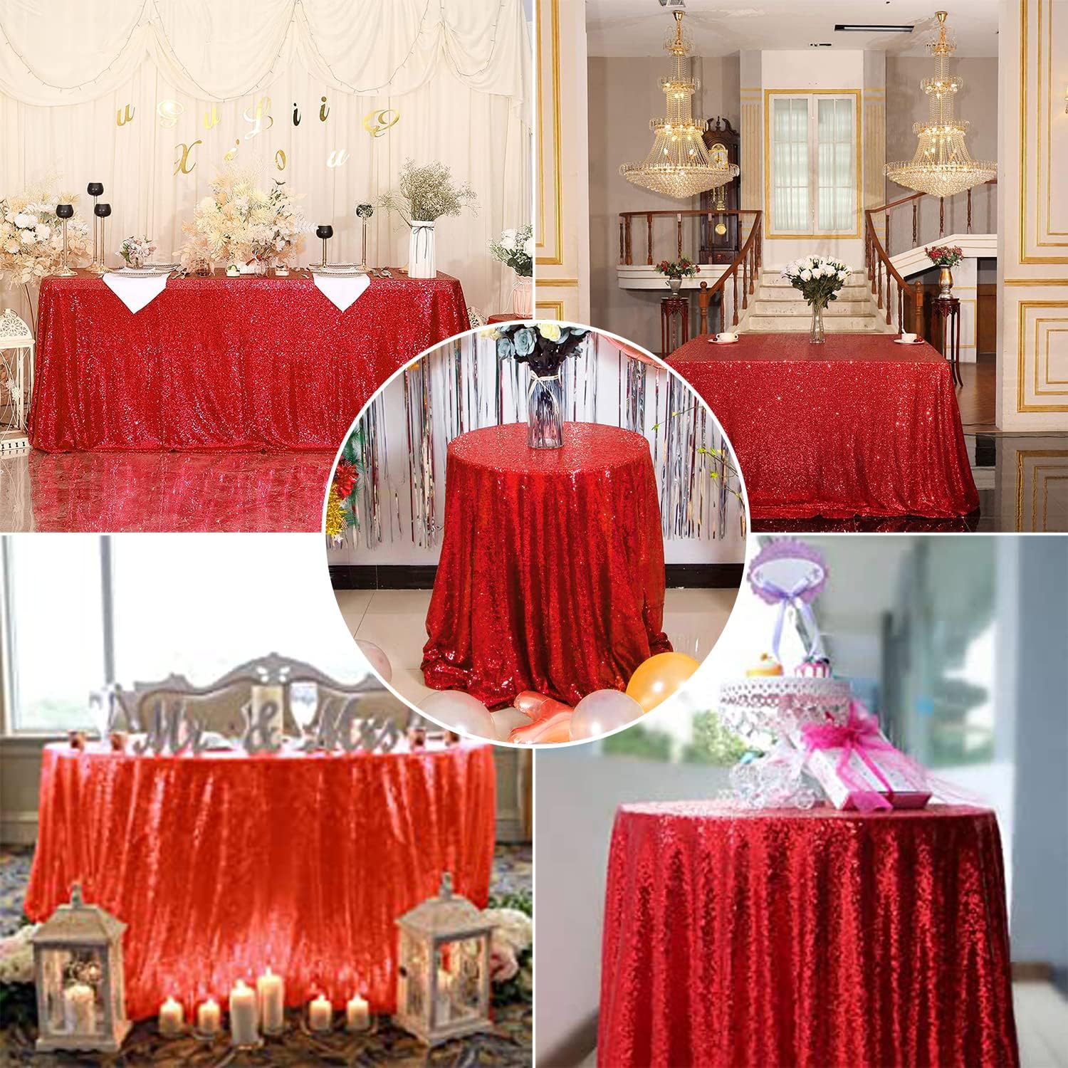 JYFLZQ Red Sequin Tablecloth 120'' Round Sparkly Table Cloths Drapes Table Cover Overlay for Wedding Birthday Parties Bridal Shower