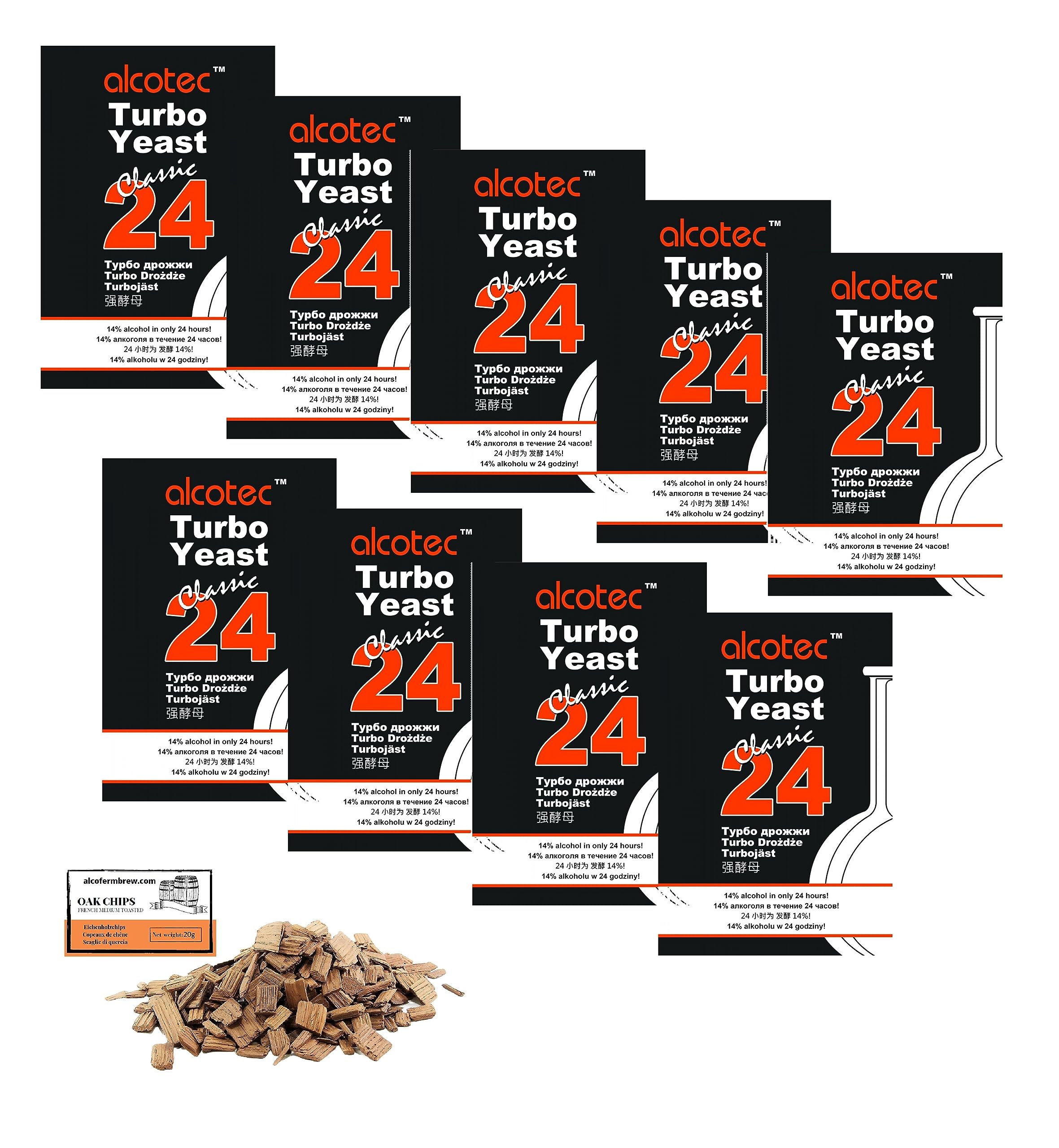 9 x Levadura Turbo Alcotec Classic 24 – Fermentación Rápida hasta 14% en 24h, Levadura para Alcohol Fuerte, Alto Rendimiento y Sabor Limpio