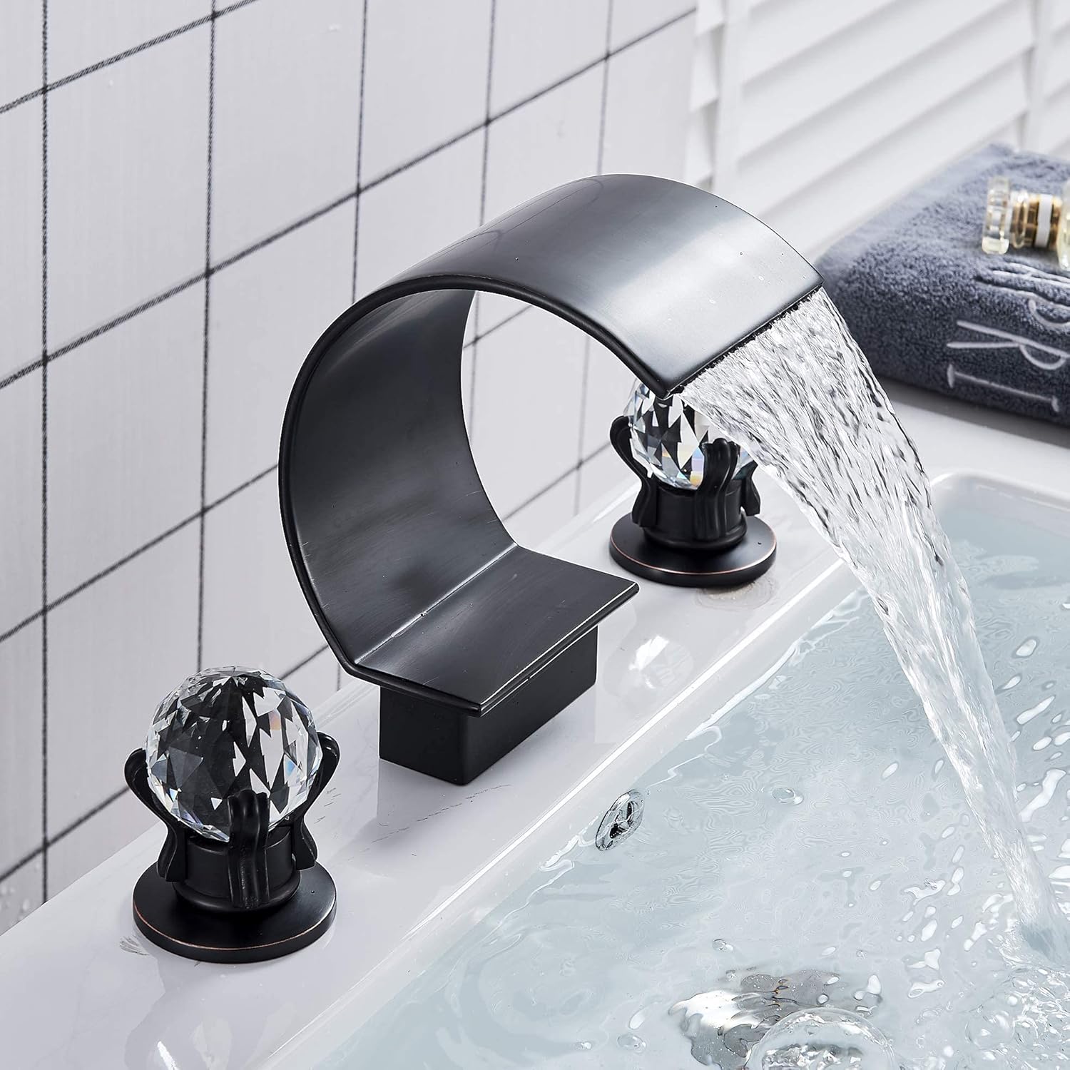 Fеаturеd Prоduсt FUZ High Arc Waterfall Spout 2 Crystal Knobs Bathroom Sink Faucet Widespread 3 Holes Vanity Basin Mixer Tap Bathtub Filler Faucet Oil Rubbed Bronze…