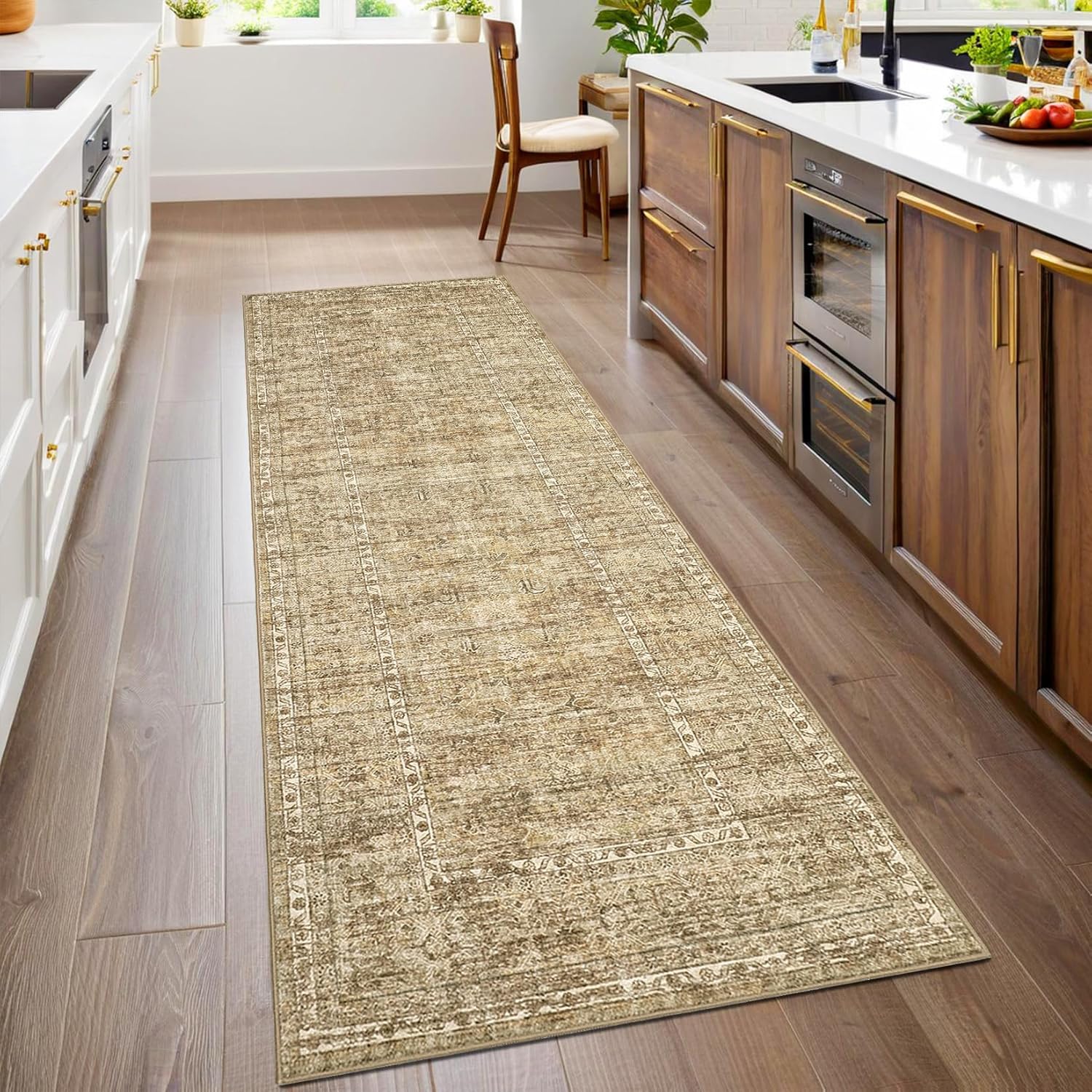 GarveeHome Vintage Kitchen Rugs, Washable 2x6 Soft Non Slip Hallway Runner, Stain Resistant Low Pile Distressed Floral Print Throw Carpet for Entryway Bedroom Laundry Bathroom, Beige