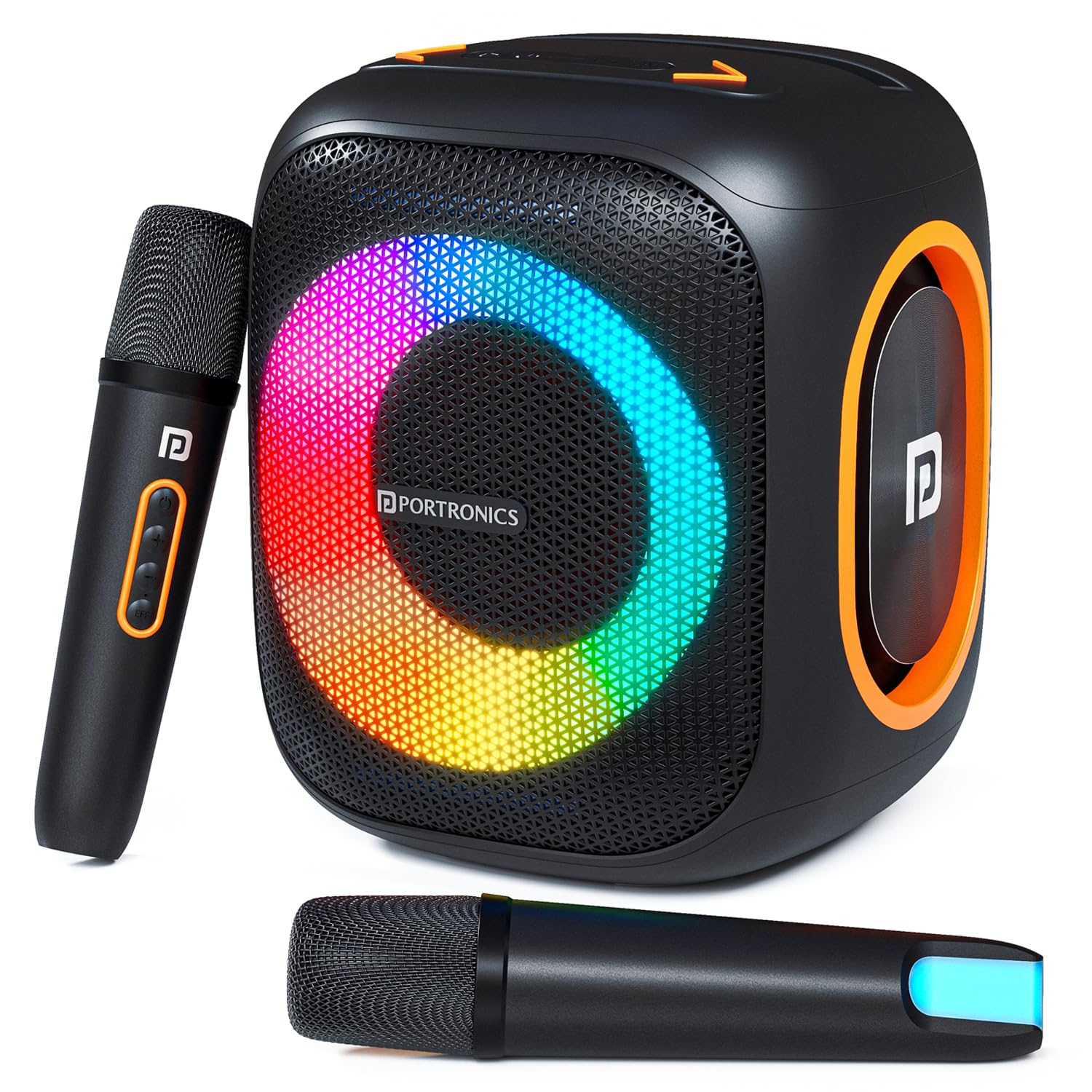 Portronics Dash 10 50W Wireless Bluetooth Party Speaker With Dual Wireless Karaoke Mic, Upto 6 Hours Playtime, Dual Bass Radiator, HD Sound, RGB LED Lights,BT 5.3V,AUX IN,USB In,Type C Charging(Black)-image-43