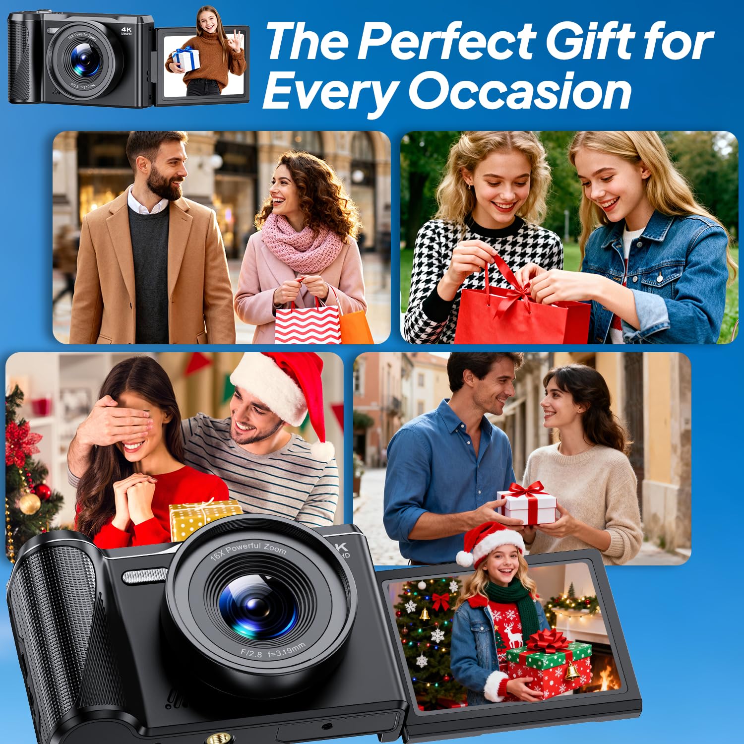 Macchina Fotografica Digitale, Focusinc 4K 56MP Fotocamera con Autofocus, Videocamera Pieghevole 180° da 3 Zoom Digitale 16X, Scheda 32GB Inclusa, Compatta Ricaricabile per Principianti Studenti