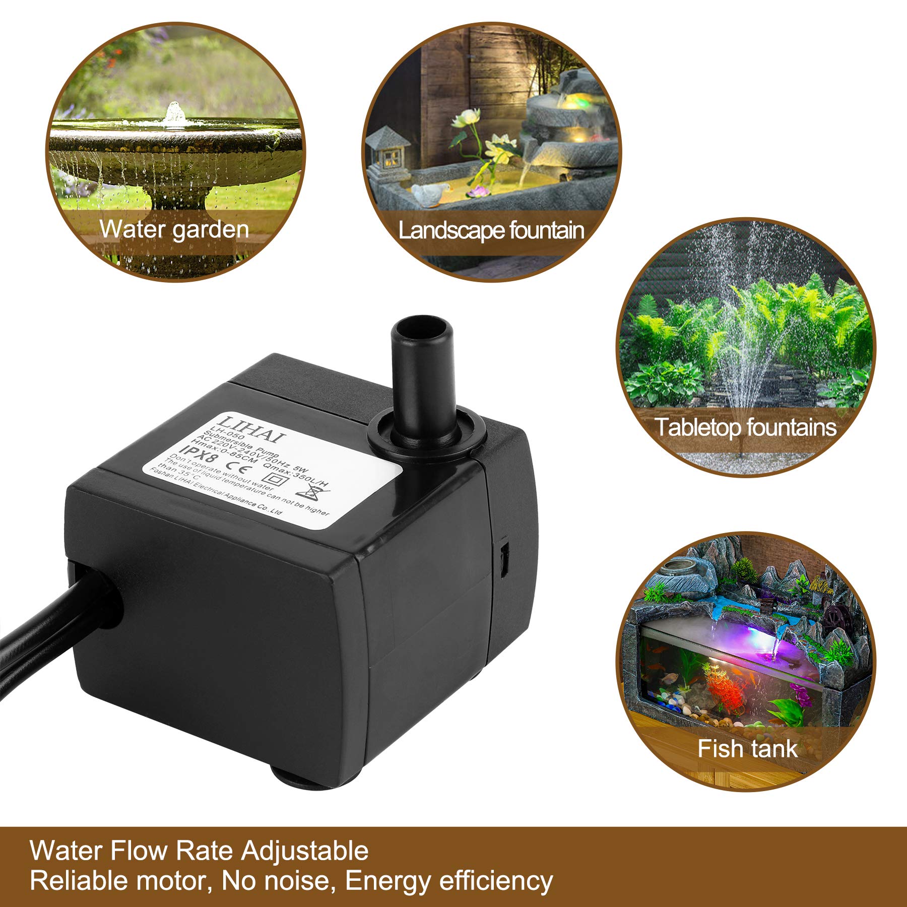 Mini pompa wodna z 4 diodami LED, 350 l/h, 3,5 W, do akwarium, pompa wodna do ogrodu, studni, ogrodu skalnego, pompa do akwarium, pompa zanurzeniowa, maks. wysokość tłoczenia 0,85 m