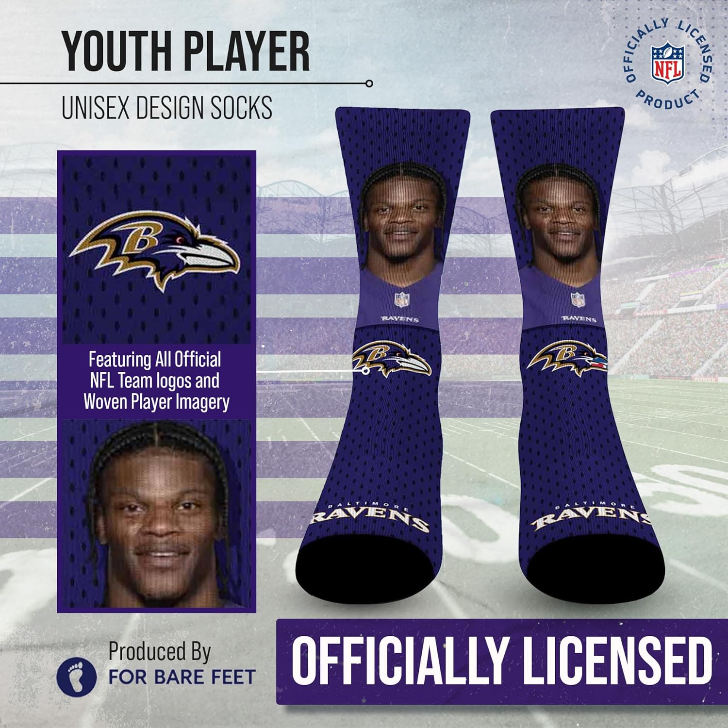For Bare Feet NFL Youth Roster Player Crew Socks, Premium Boys & Girls Football Sock, Officially Licensed