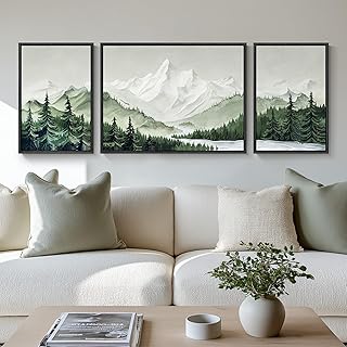 Framed Green Mountain Wall Art for Living Room, 3 Piece Forest Landscape...